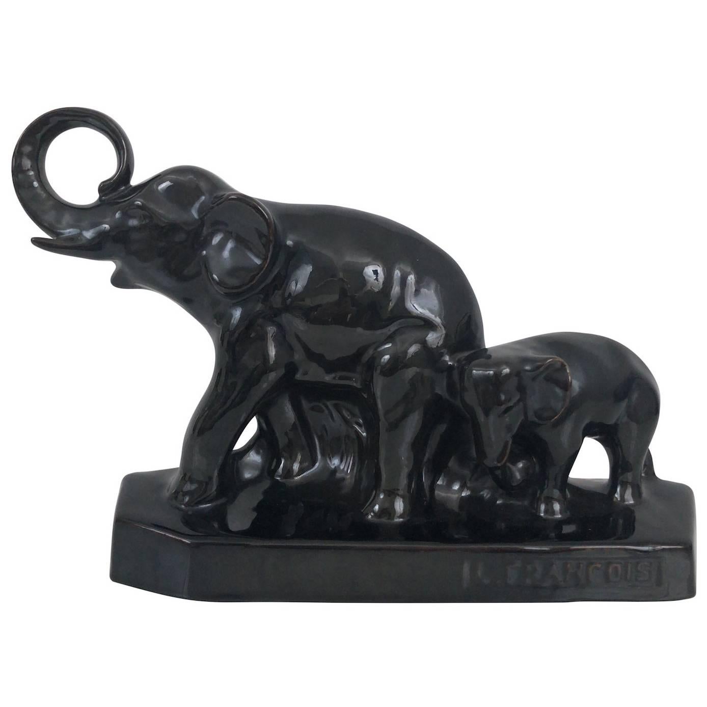 L. Francois, Black Glazed Ceramic Elephants, France, 1930s For Sale