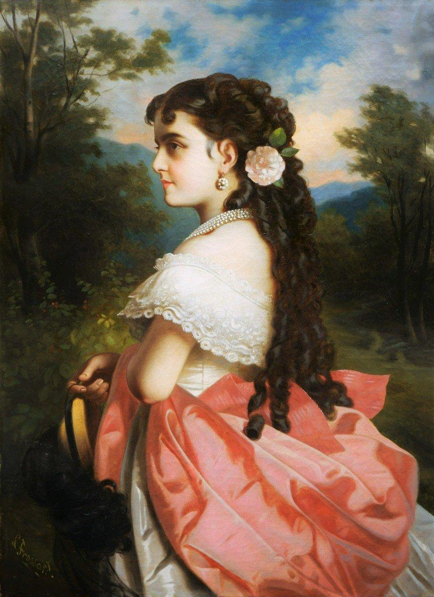 L. FROSSARD
(tätig in Wien um 1870)
Porträt von Adelina Patti (1843-1919)
Öl auf Leinwand
H. 100,5 cm; L. 73,5 c
Signiert unten links

Wenn der Künstler eine gewisse Diskretion in Bezug auf die Geschichte wahrt, arbeitet er in Wien um 1870 und