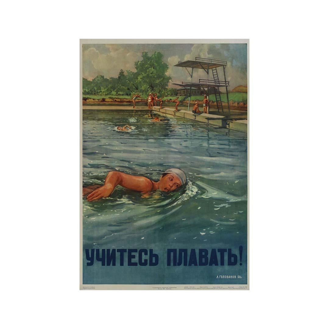 1951 original soviet propaganda poster Learn to swim! - USSR - CCCP For Sale 2
