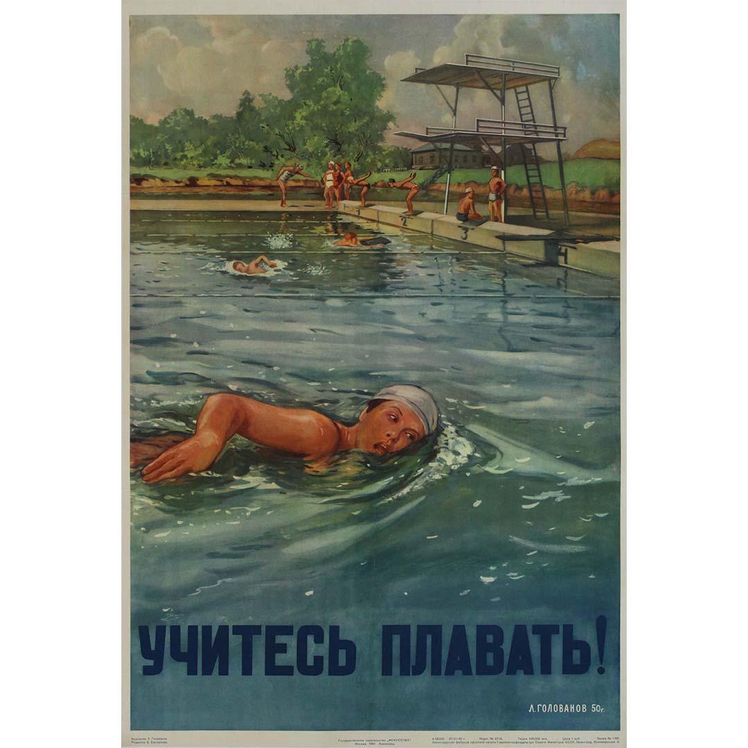 1951 original soviet propaganda poster Learn to swim! - USSR - CCCP - Print by L. Golovanov