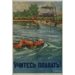 Vintage 1951 original soviet propaganda poster Learn to swim! - USSR - CCCP