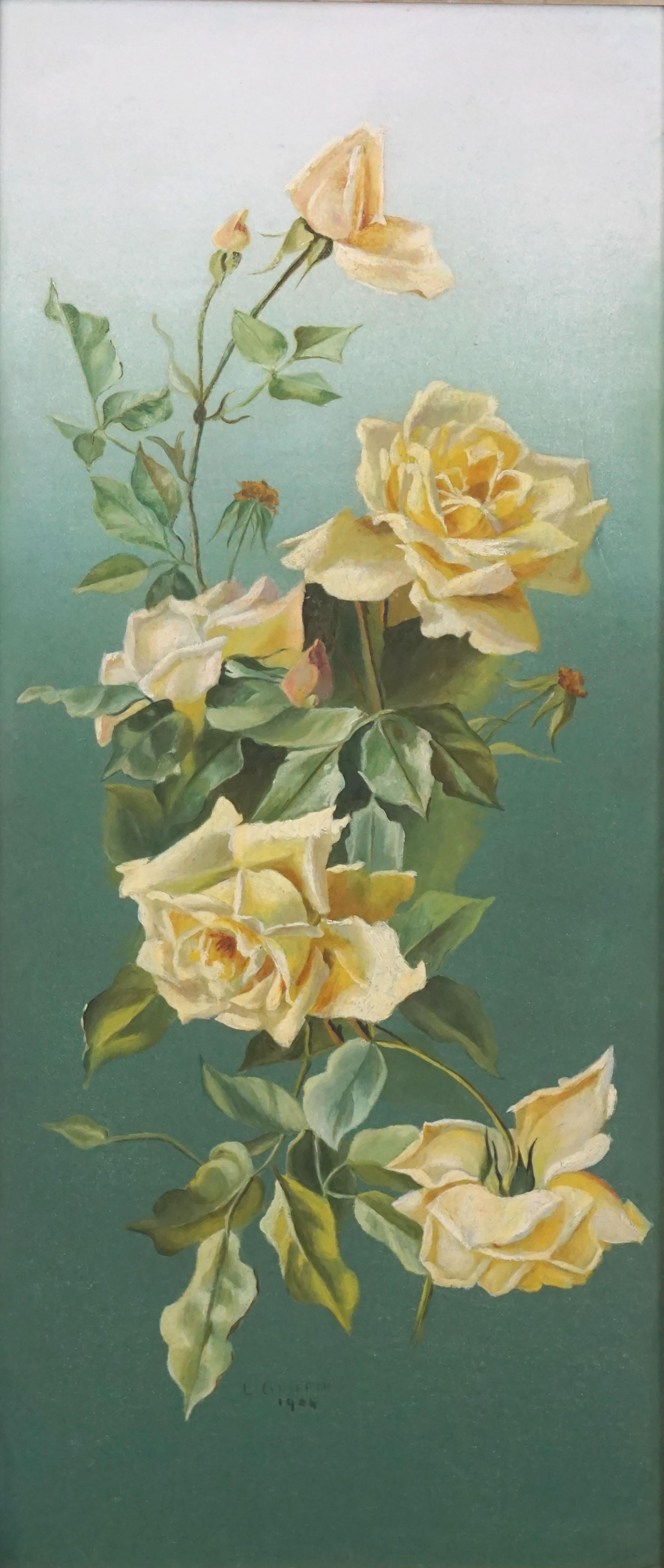 Early 20th Century English Floral Still Life -- Cascading Yellow Tea Roses - Painting by L. Griffin