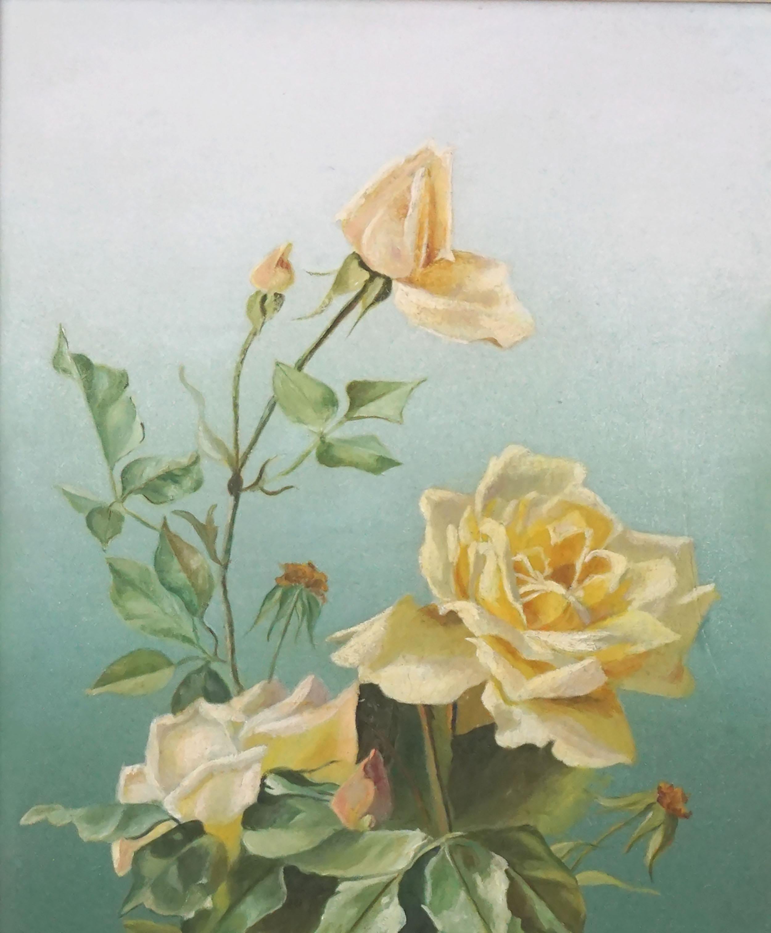 Early 20th Century English Floral Still Life -- Cascading Yellow Tea Roses - Realist Painting by L. Griffin