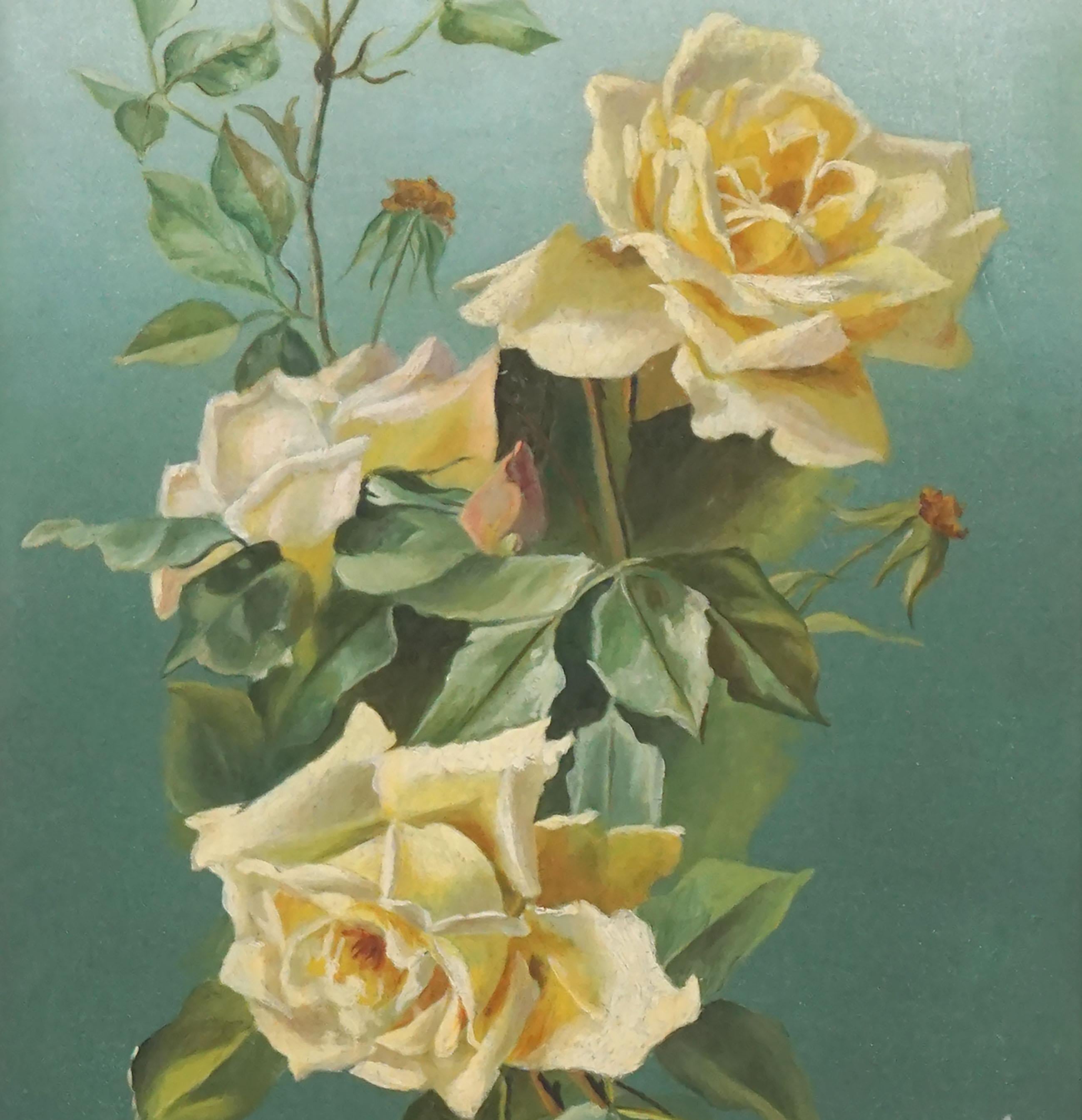 Early 20th Century English Floral Still Life -- Cascading Yellow Tea Roses - Gray Still-Life Painting by L. Griffin