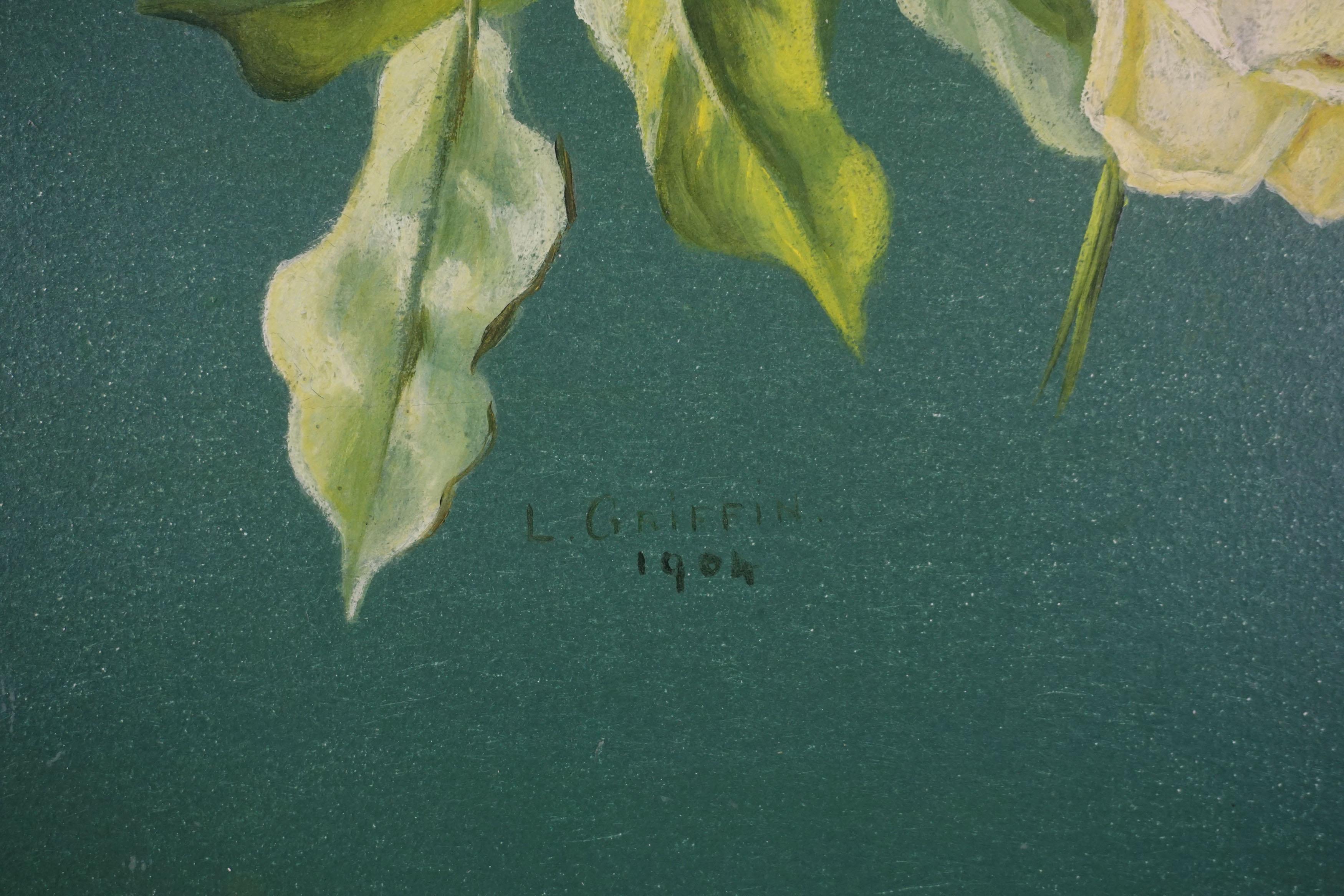 Elegant Early 20th Century Floral Still Life of Cascading Yellow Hybrid Tea Roses

Realistic early 20th Century floral still life by L. Griffin (English, 19th/20th century), 1904. Featuring a vertical cascade of yellow roses set against a softly