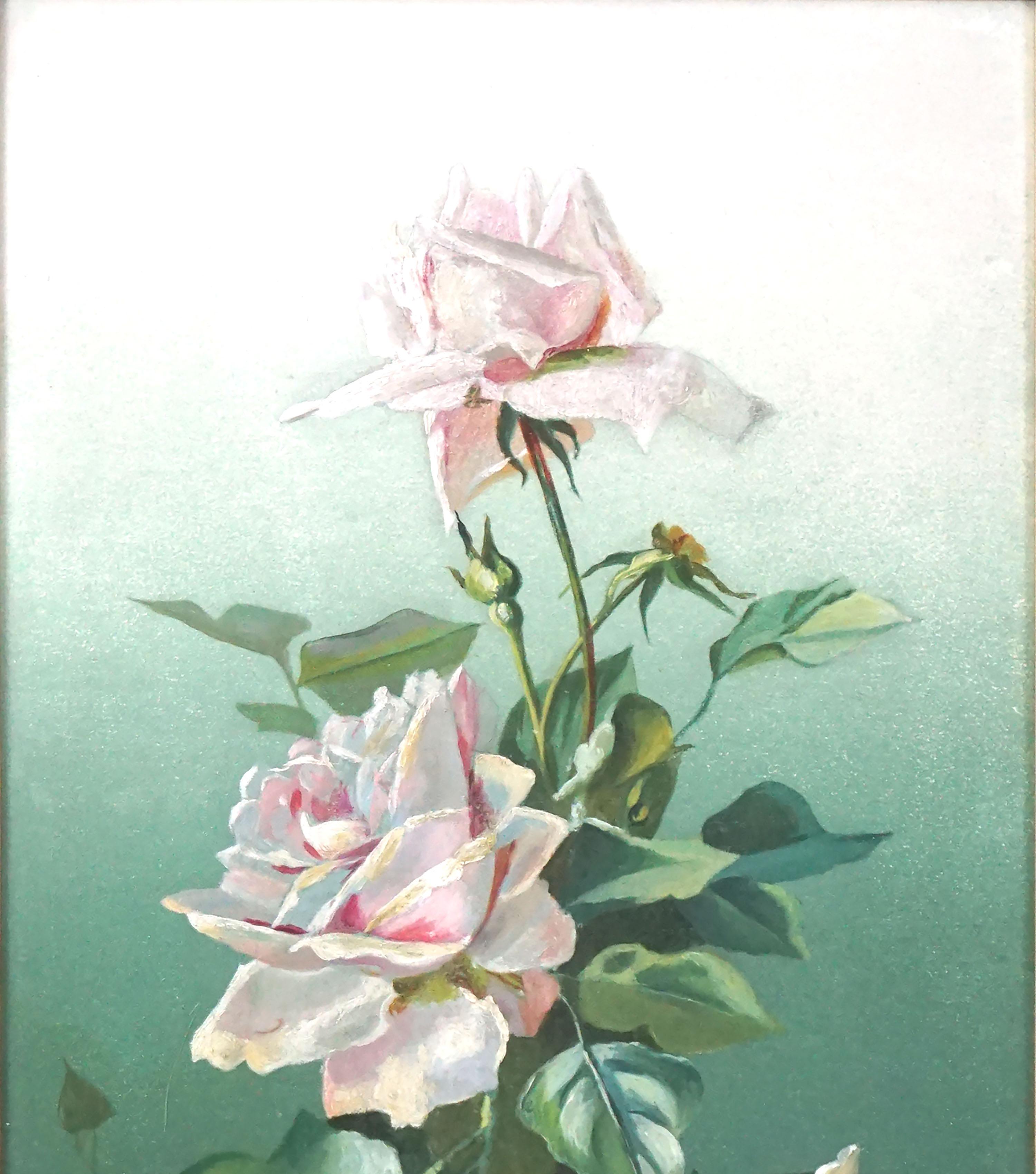 Early 20th Century English Floral Still Life -- Pink and Red Hybrid Tea Roses - Painting by L. Griffin