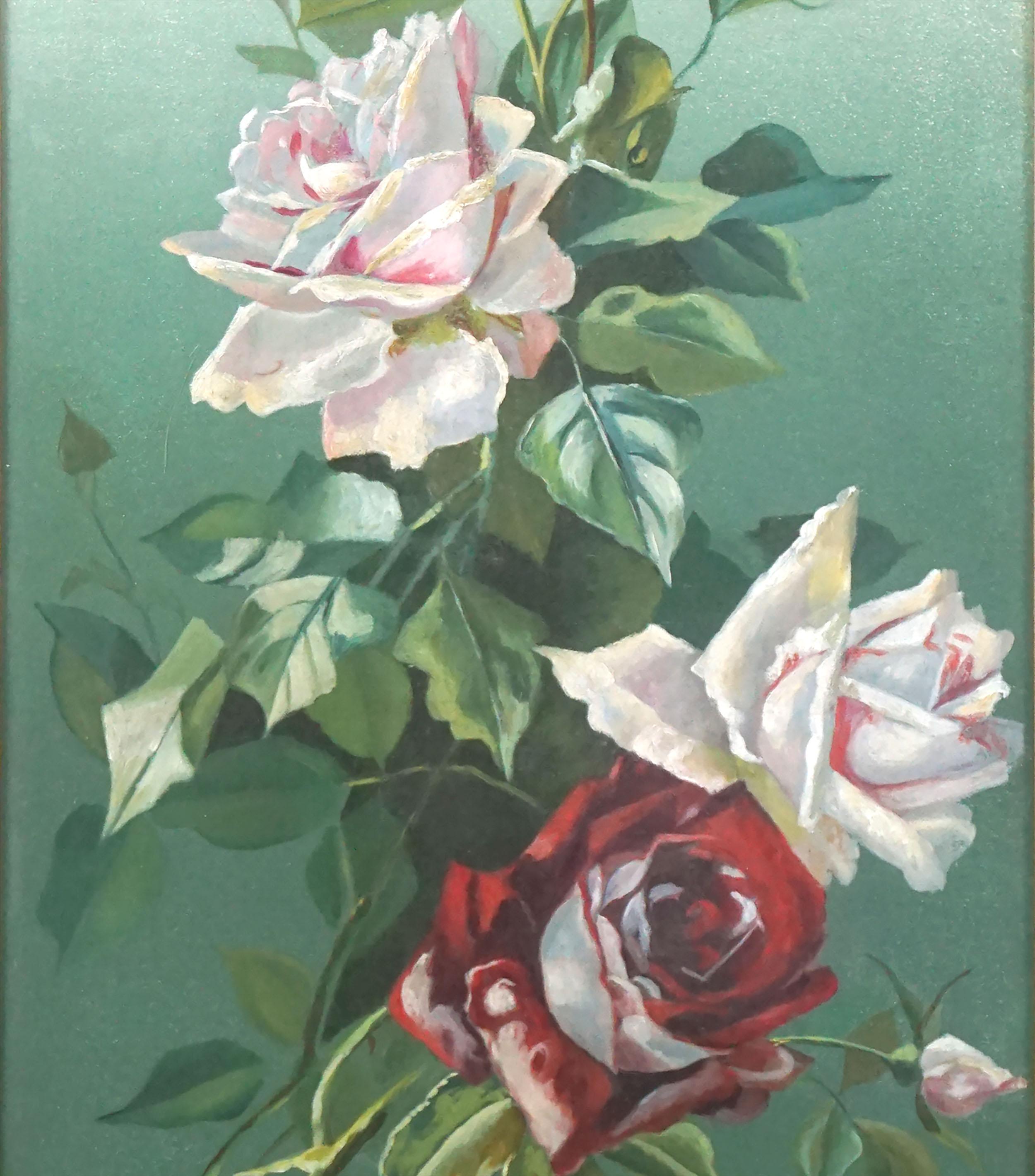 Early 20th Century English Floral Still Life -- Pink and Red Hybrid Tea Roses - Realist Painting by L. Griffin