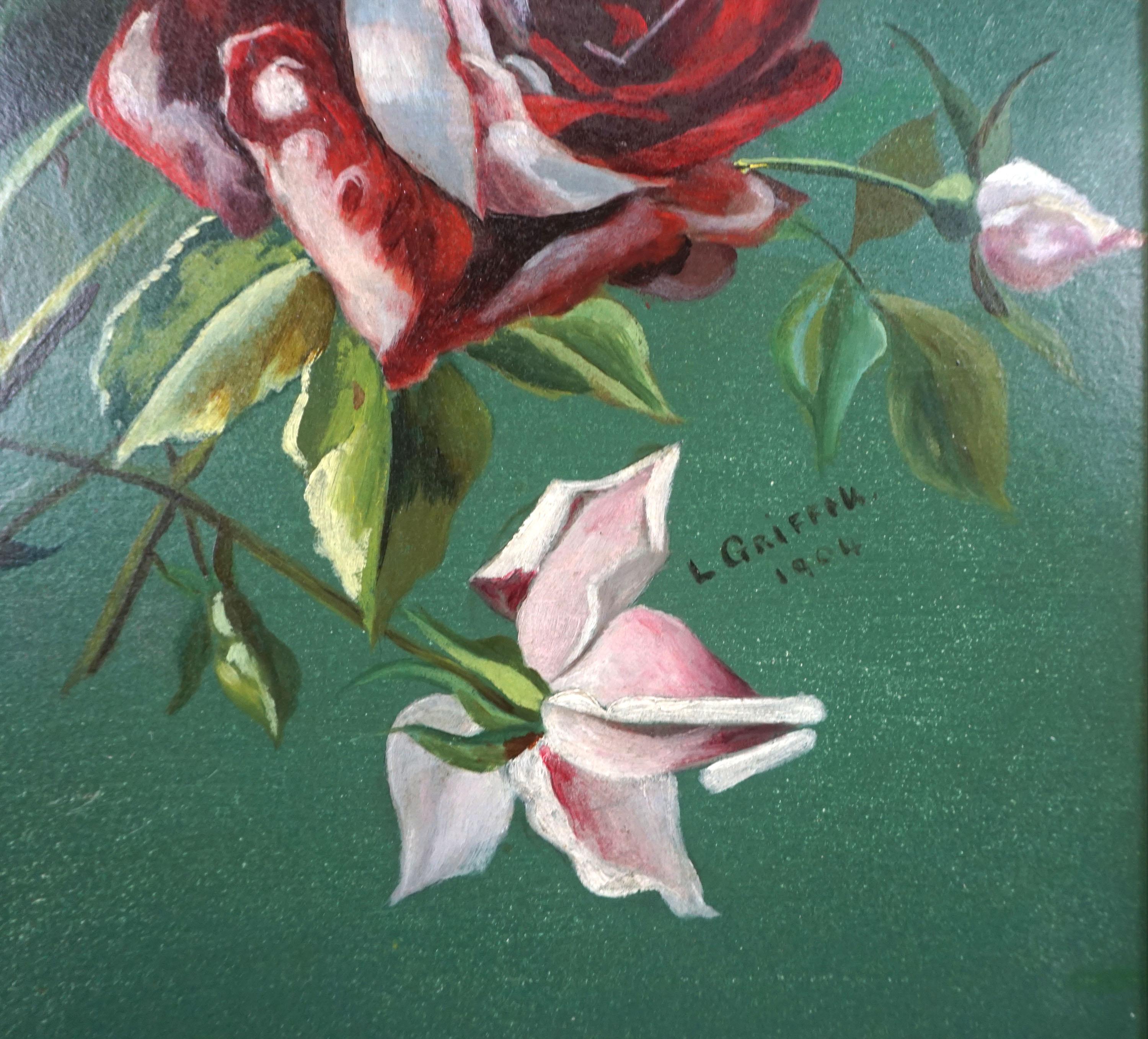 Early 20th Century English Floral Still Life -- Pink and Red Hybrid Tea Roses - Gray Still-Life Painting by L. Griffin