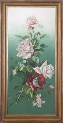 Antique Early 20th Century English Floral Still Life -- Pink and Red Hybrid Tea Roses