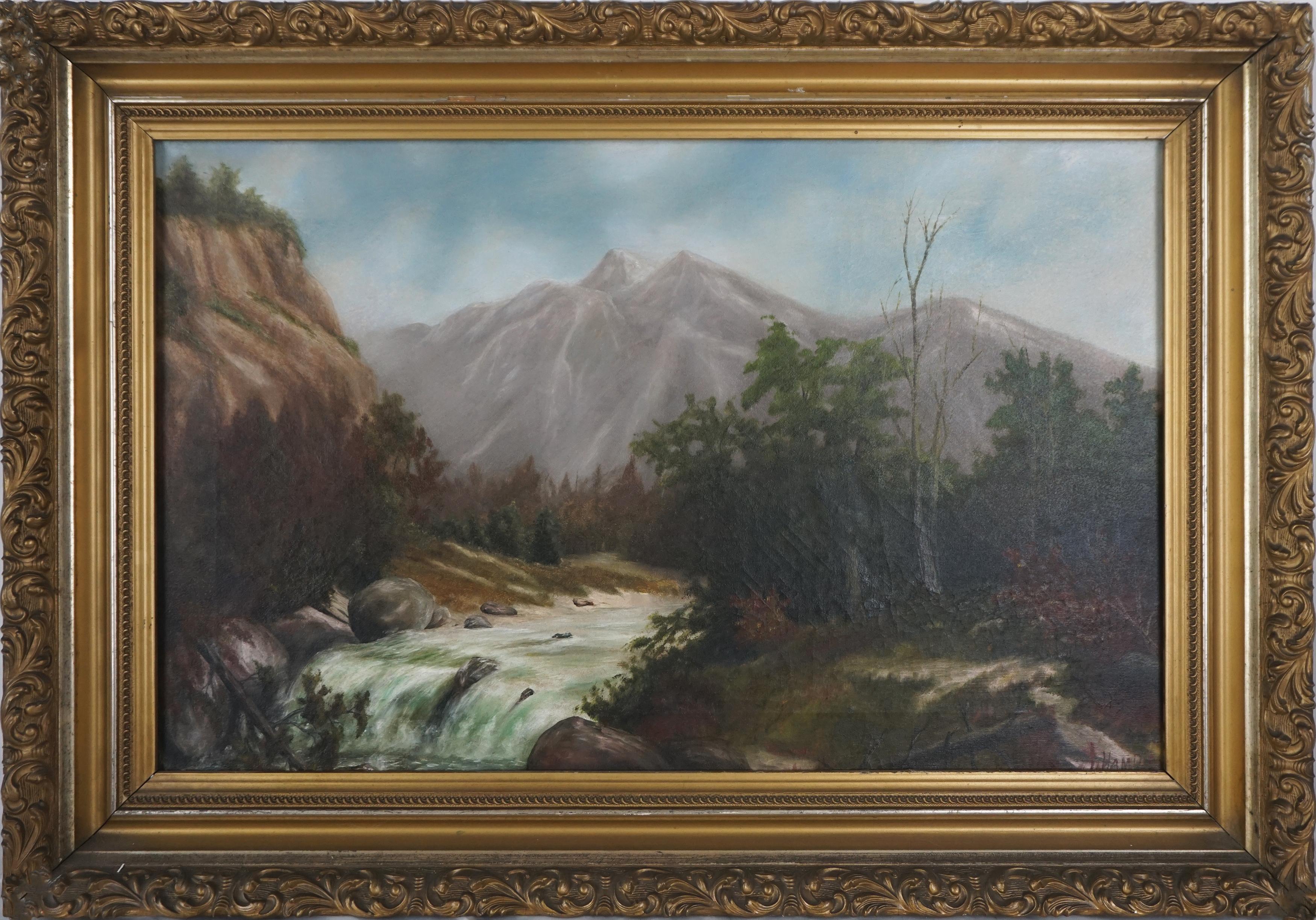 Début du 20e siècle Paysage de montagnes et de cours d'eau de la Sierra, signé