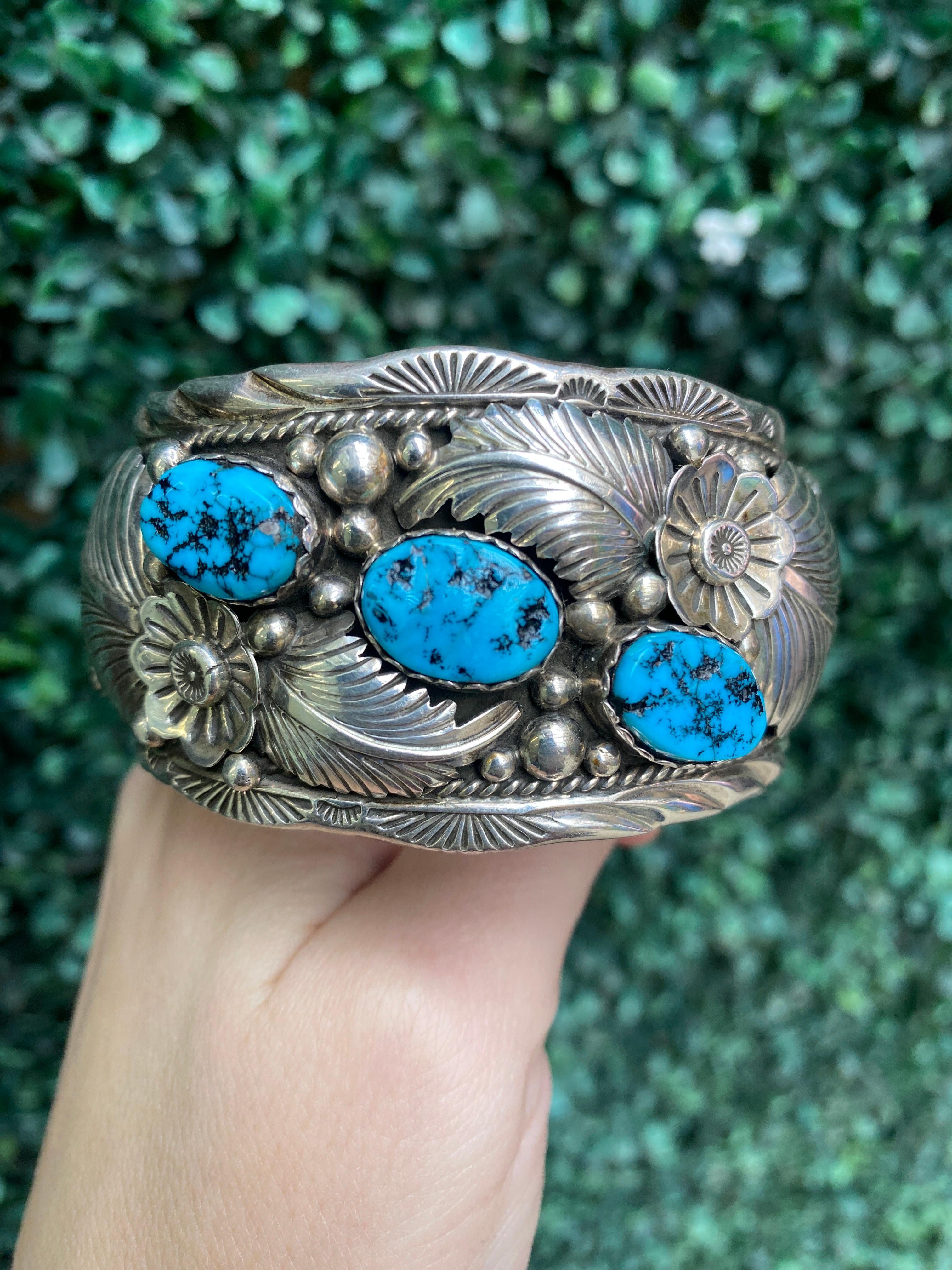 L. Hildreth Turquoise Floral Sterling Silver Cuff For Sale 6