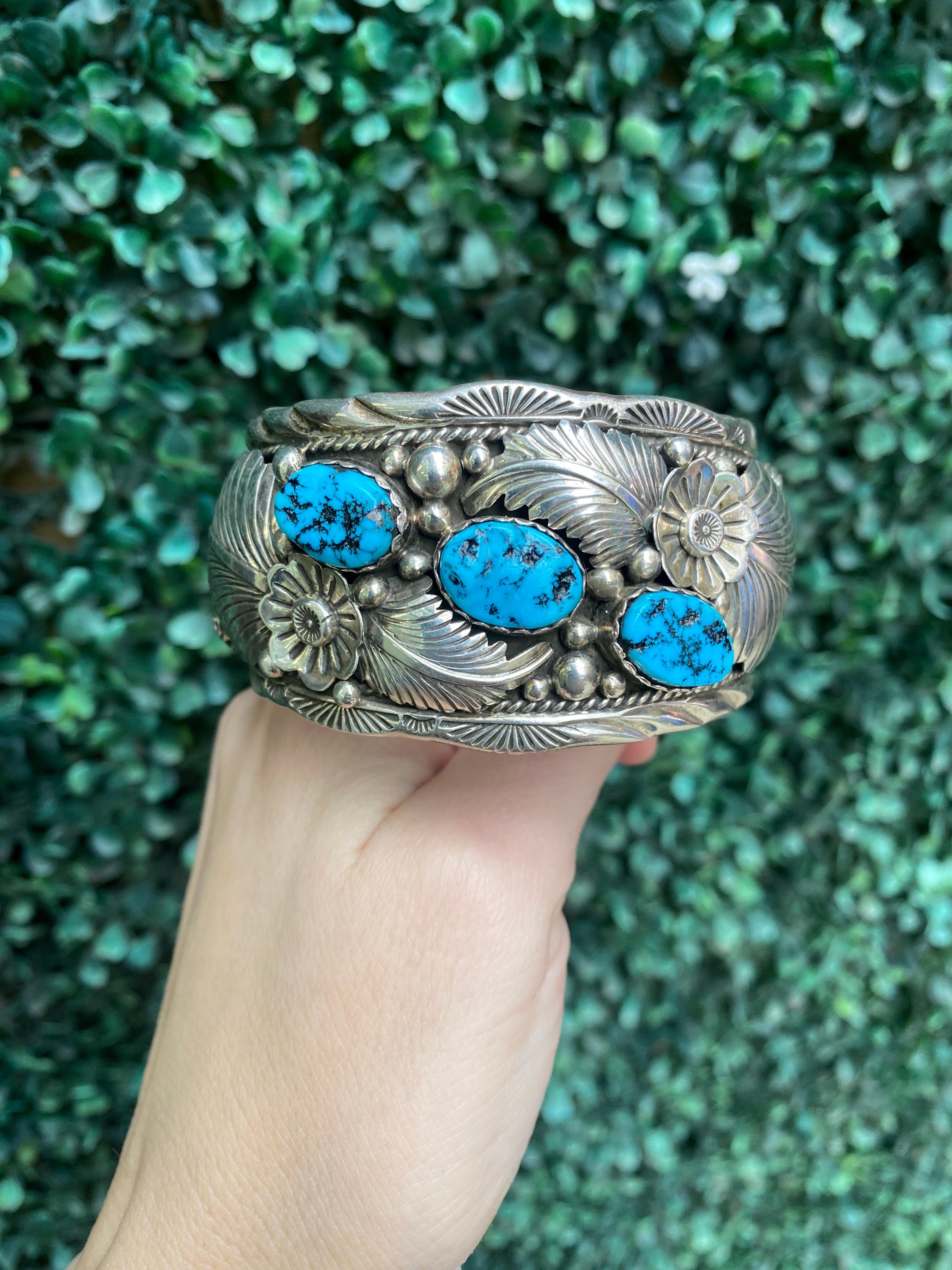 L. Hildreth Turquoise Floral Sterling Silver Cuff For Sale 7