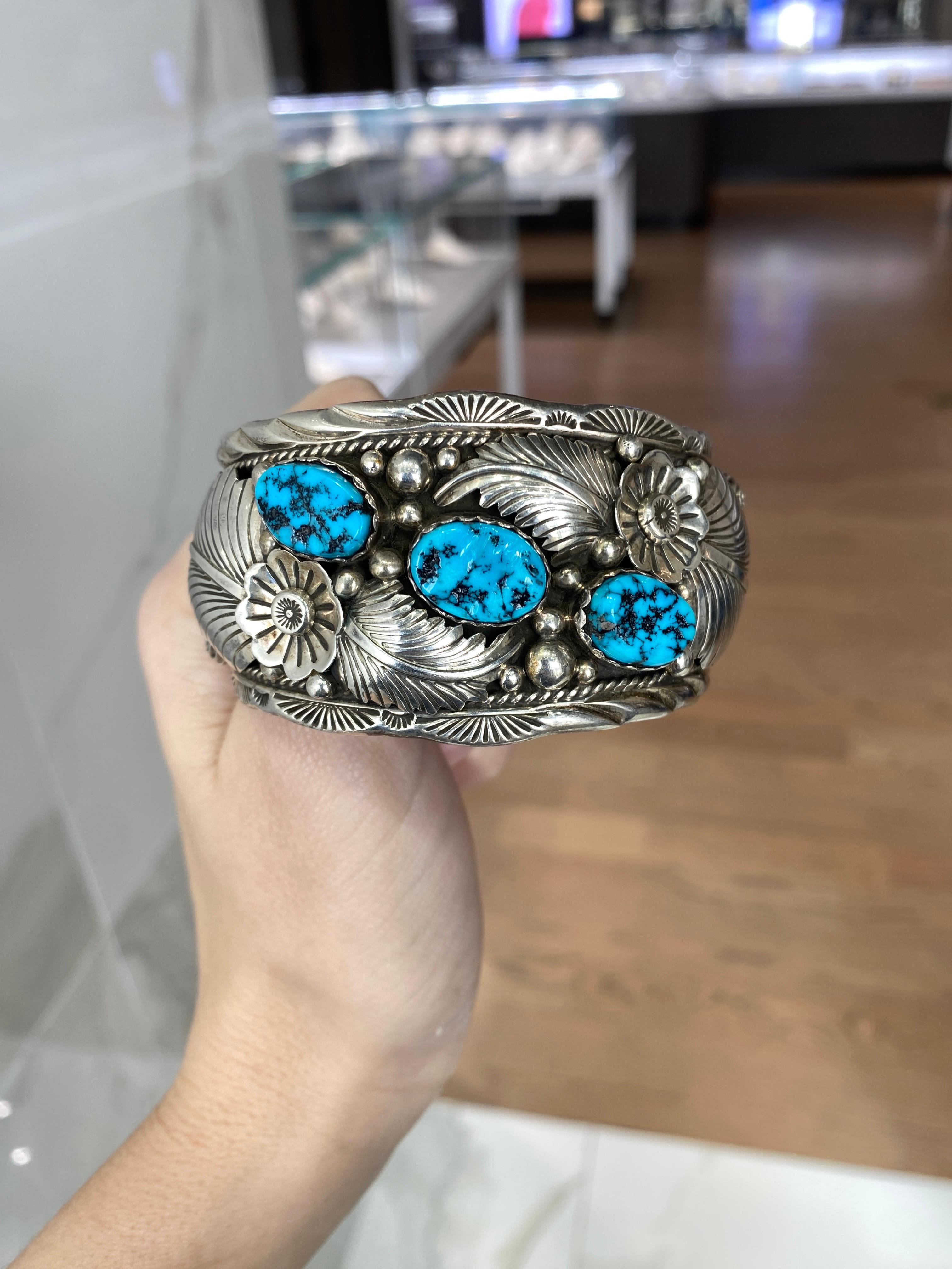 L. Hildreth Turquoise Floral Sterling Silver Cuff For Sale 1