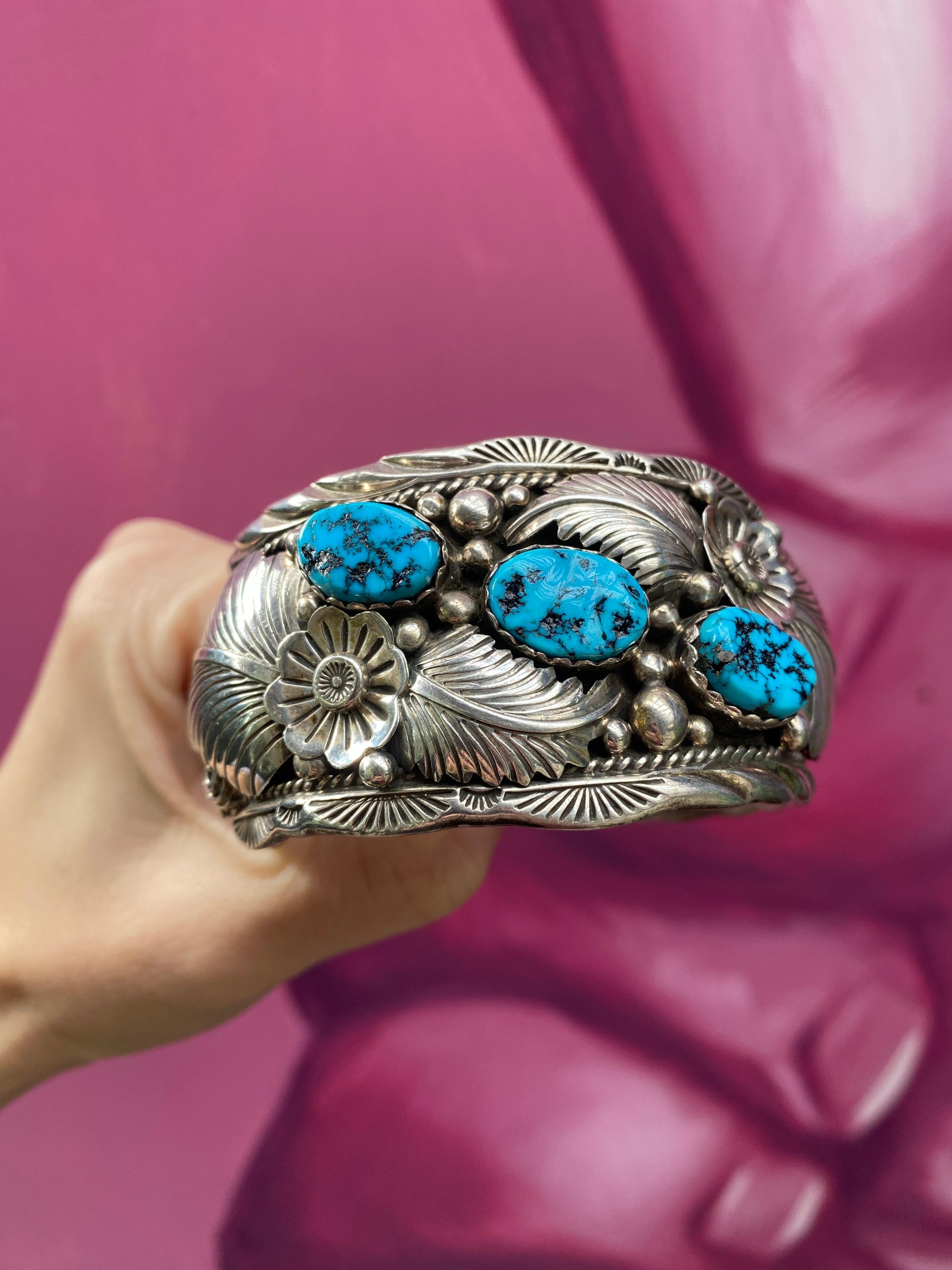 L. Hildreth Turquoise Floral Sterling Silver Cuff For Sale 3