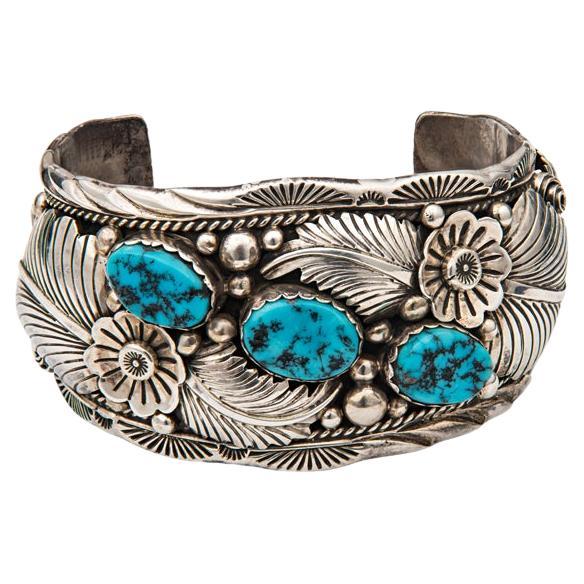 L. Hildreth Turquoise Floral Sterling Silver Cuff For Sale
