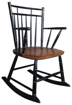 L. Hitchcock Black Harvest Stenciled Back Maple Windsor Rocking Arm Chair Rocker