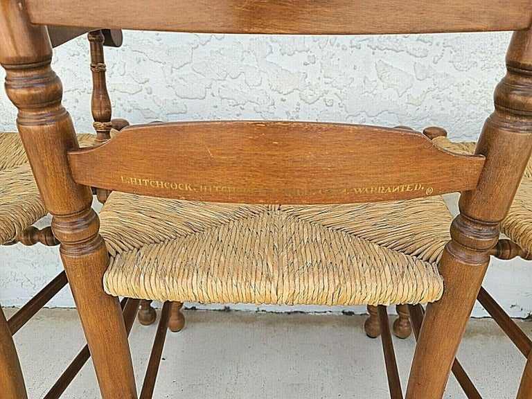 Wood L Hitchcock Harvest Ladder Back Rush Seat Dining Chairs, Set of 4 For Sale