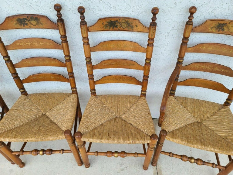 L Hitchcock Harvest Ladder Back Rush Seat Dining Chairs, Set of 4 For Sale 3