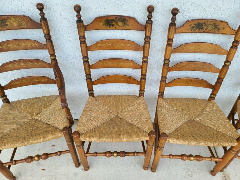 L Hitchcock Harvest Ladder Back Rush Seat Dining Chairs, Set of 4 For Sale 4