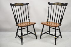 L. Hitchcock Stenciled Harvest Painted Maple Windsor Dining Chairs, a Pair