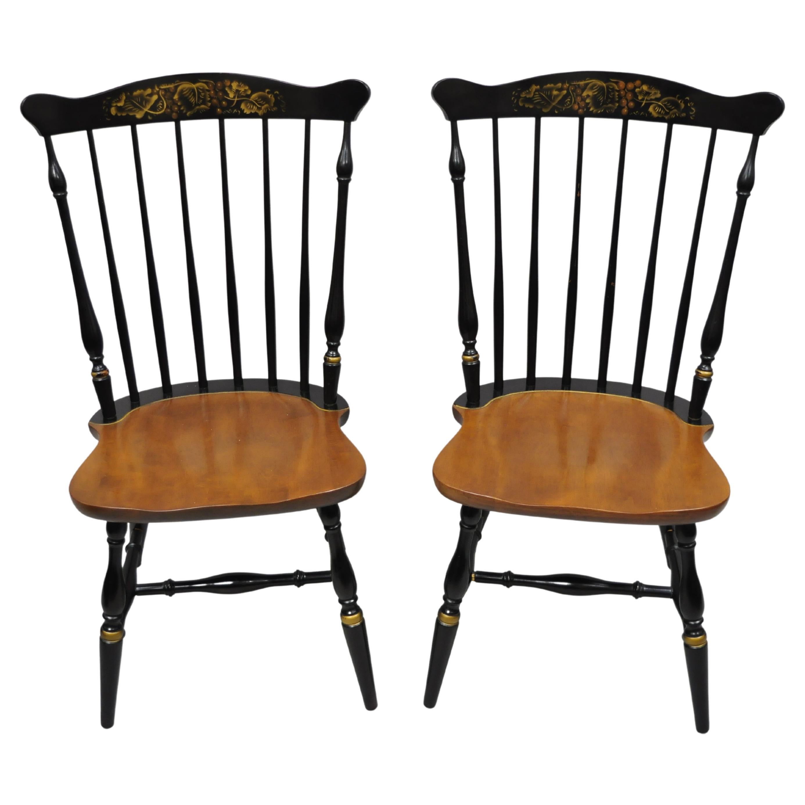 L. Hitchcock Stenciled Harvest Painted Maple Windsor Dining Chairs, a Pair