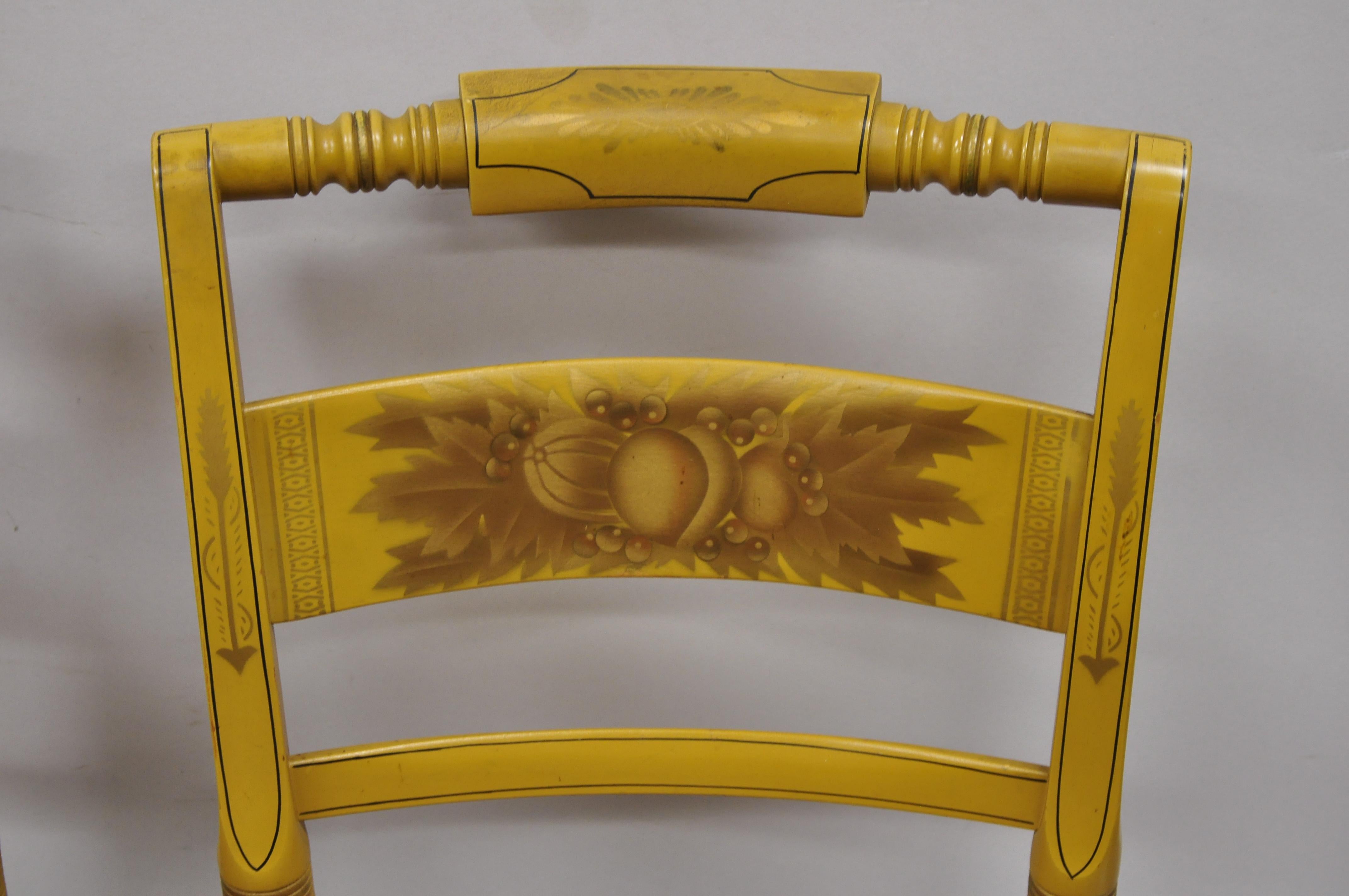 American Colonial L. Hitchcock Yellow Stenciled Rush Seat Dining Side Chairs, Set of 4