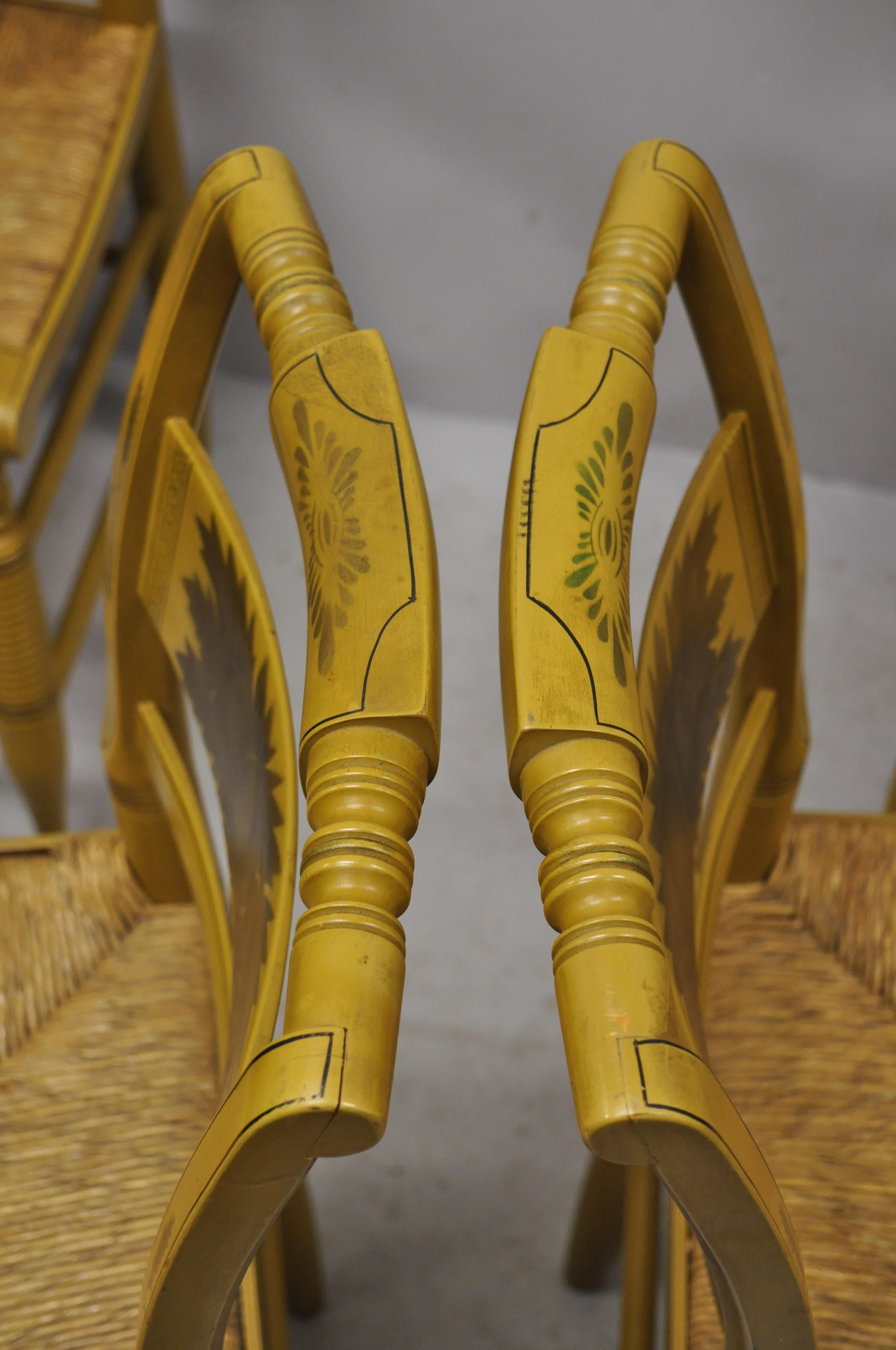 20th Century L. Hitchcock Yellow Stenciled Rush Seat Dining Side Chairs, Set of 4