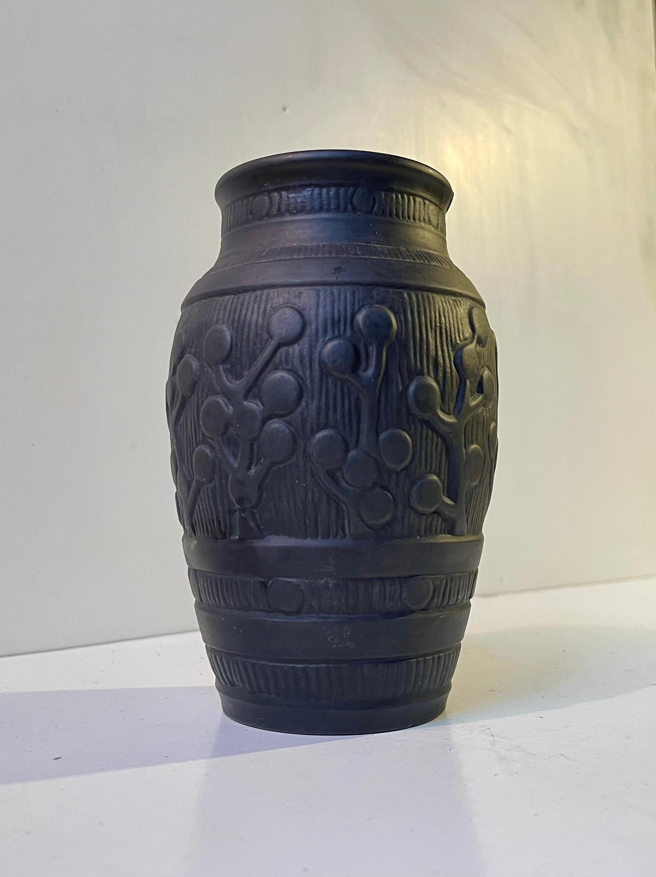 Jugendstil L. Hjorth Black Jugend Terracotta Vase in the style of Thorvald Bindesbøll, 1890 For Sale