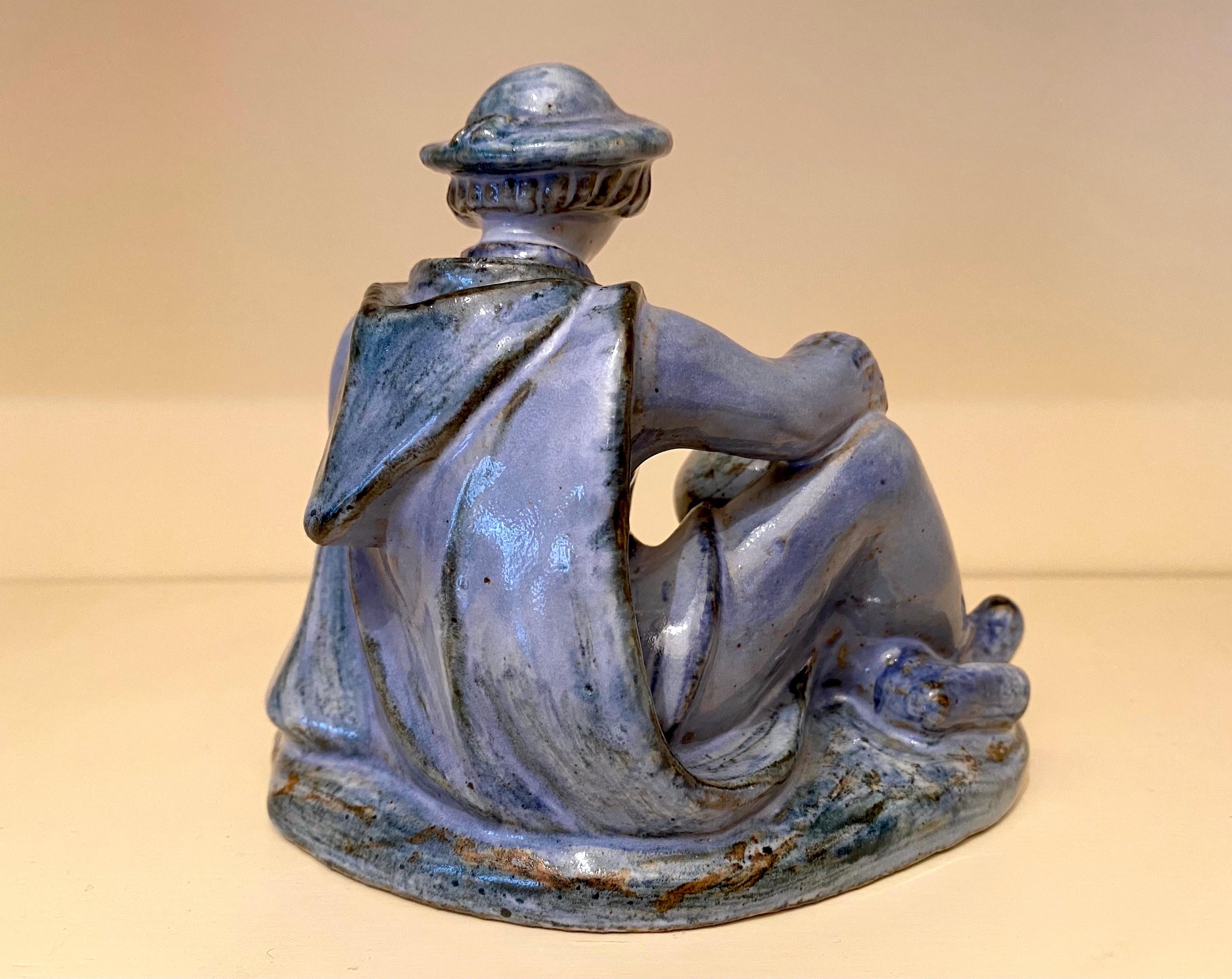 Glazed L. Hjorth Ceramic Sculpture of a Boy in Blue For Sale