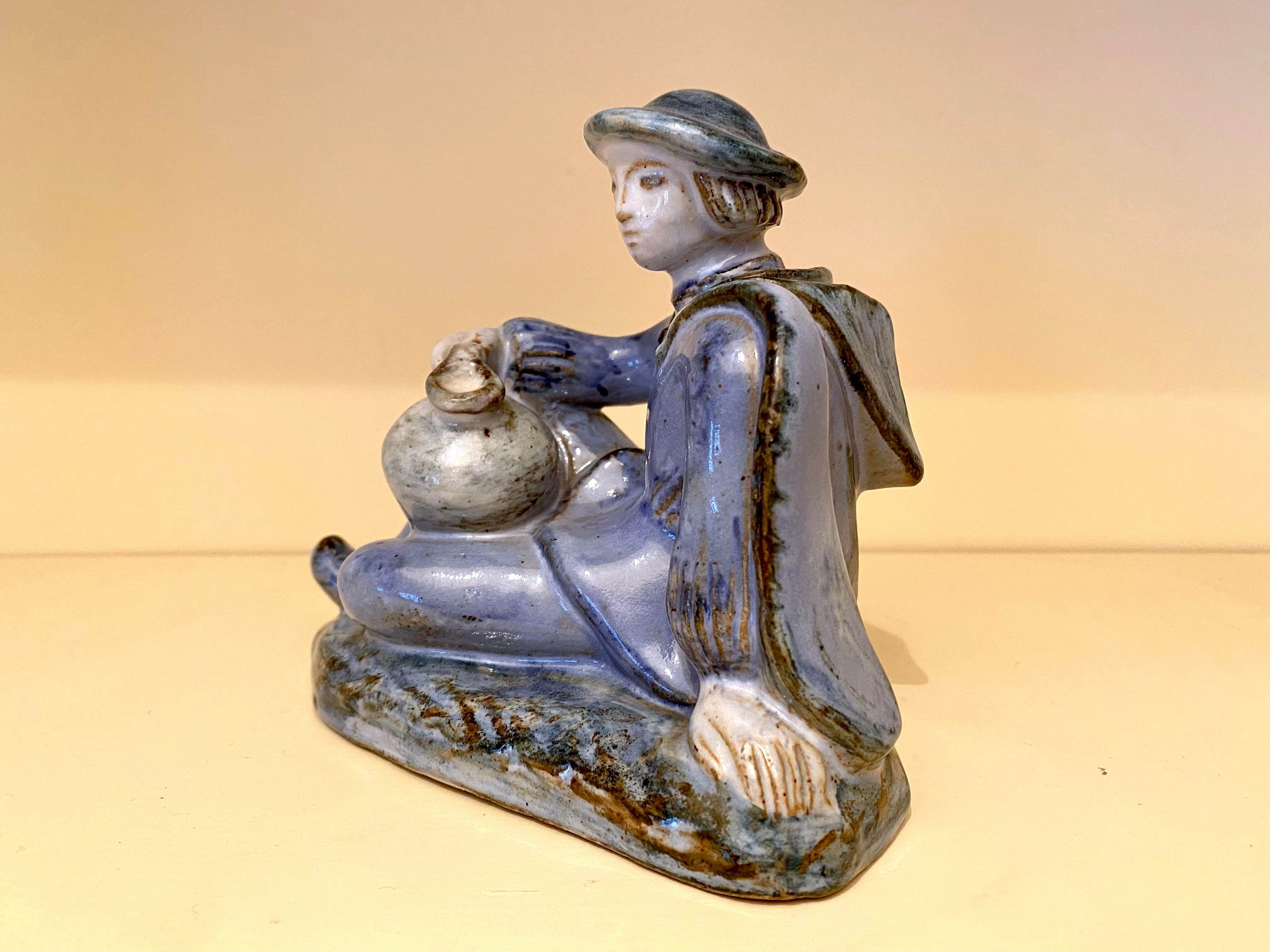 L. Hjorth Ceramic Sculpture of a Boy in Blue In Good Condition For Sale In New York, NY