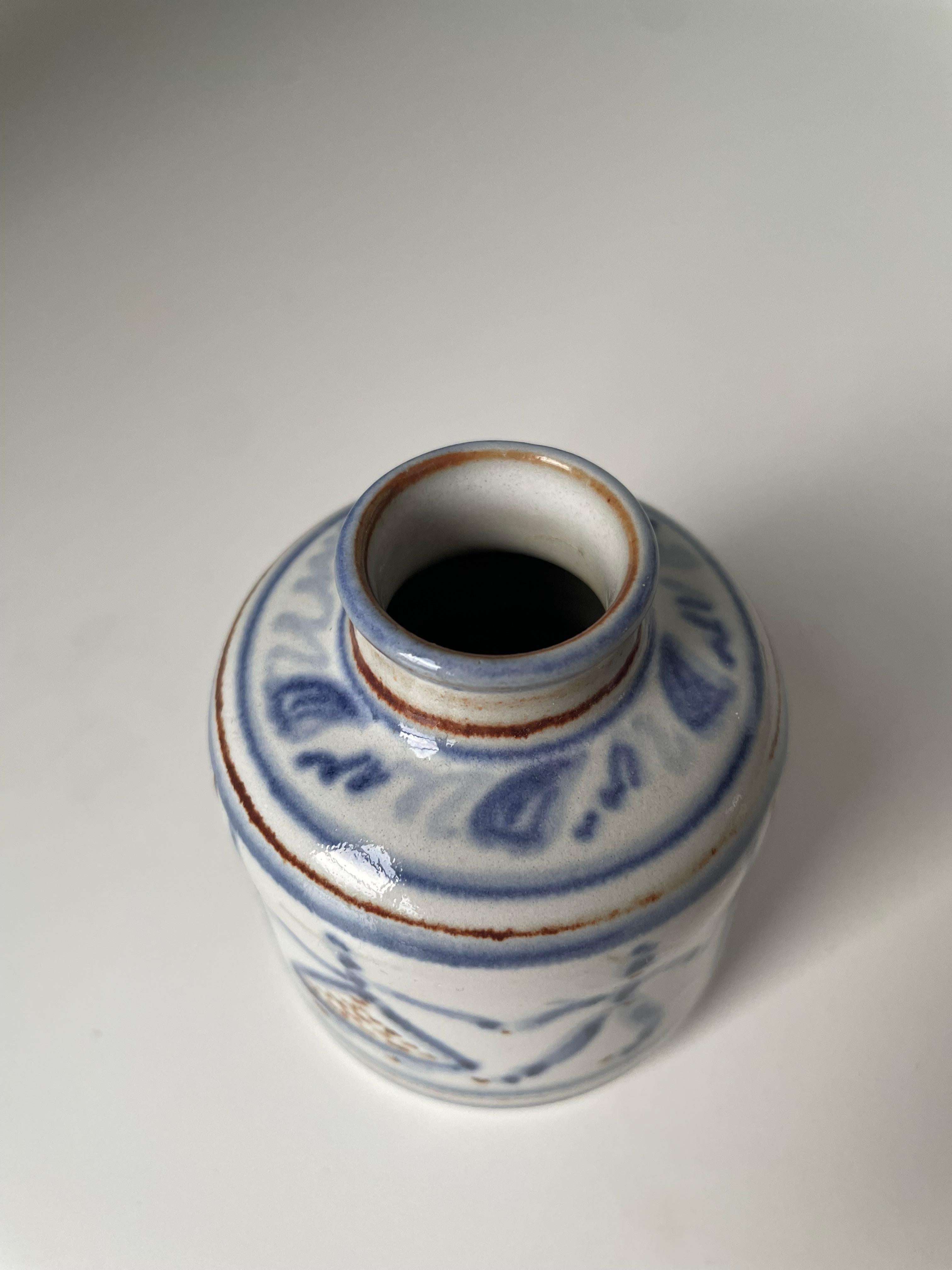 L. Hjorth Hand-Decorated Blue White Vase, 1950s For Sale 2