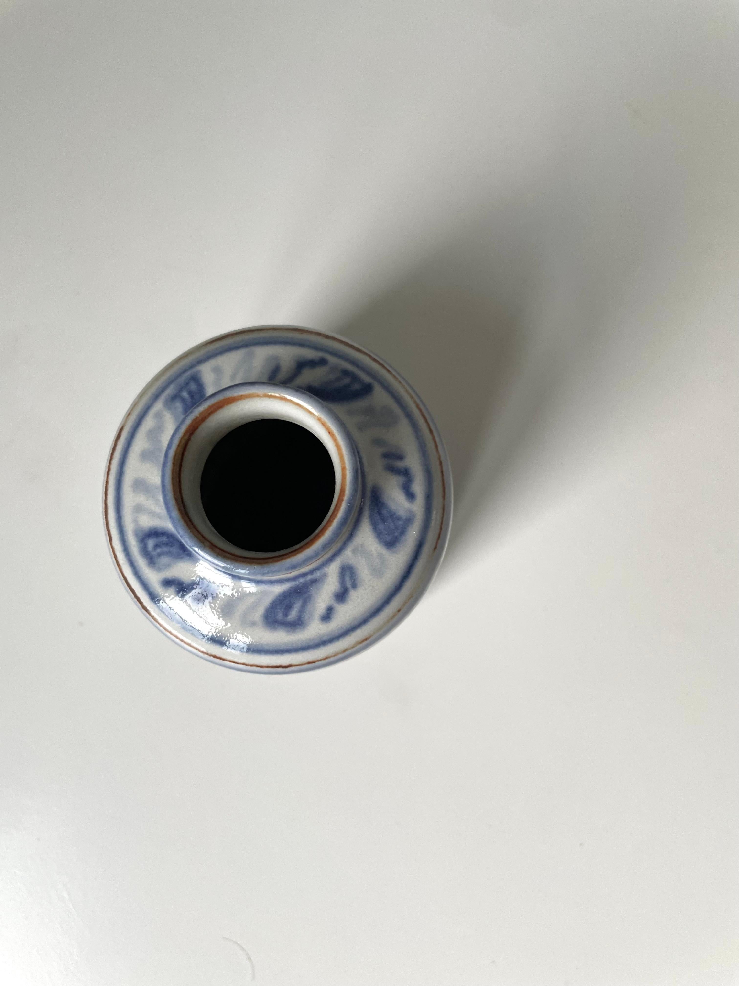 L. Hjorth Hand-Decorated Blue White Vase, 1950s For Sale 3