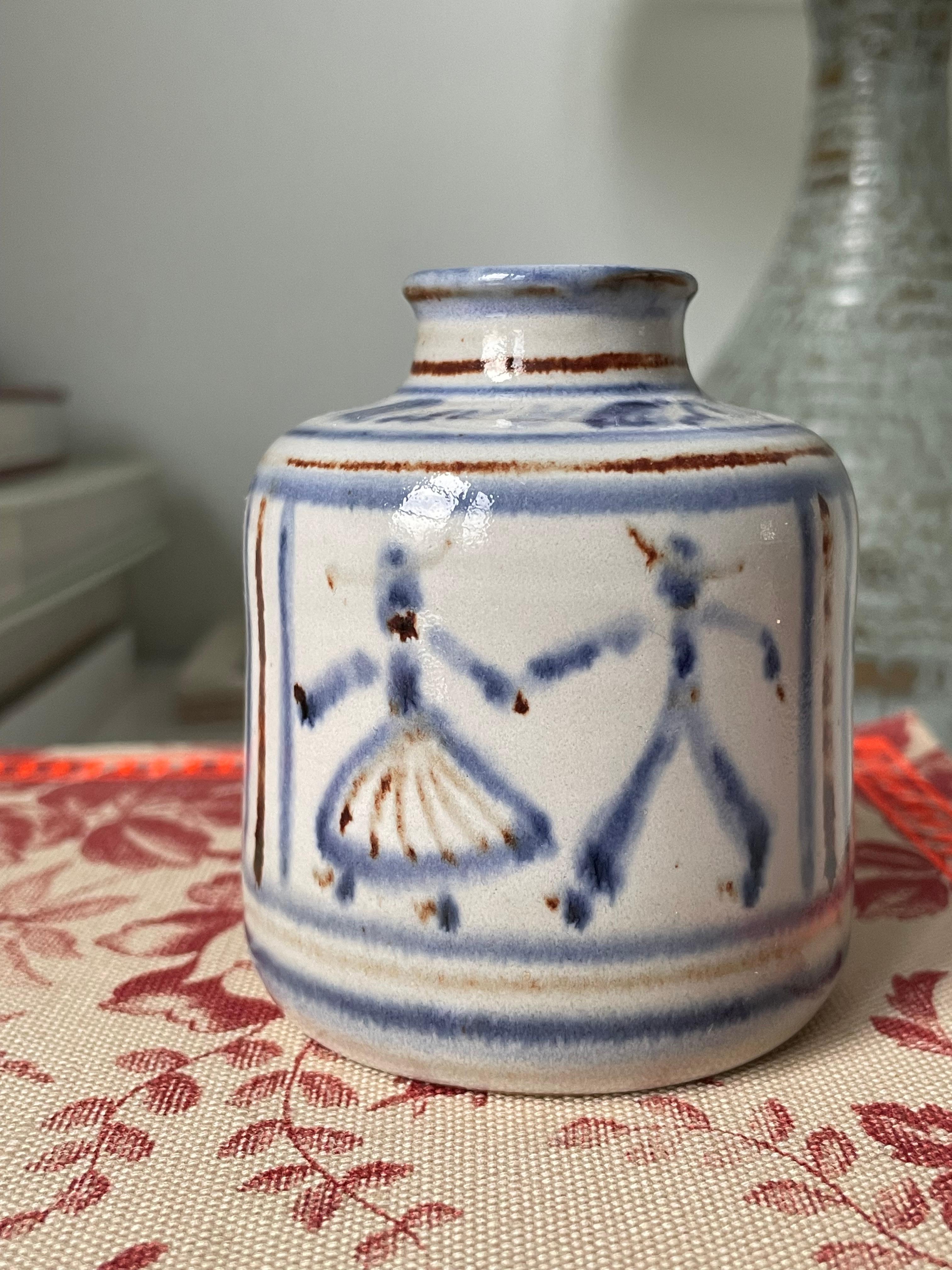 Danish L. Hjorth Hand-Decorated Blue White Vase, 1950s For Sale