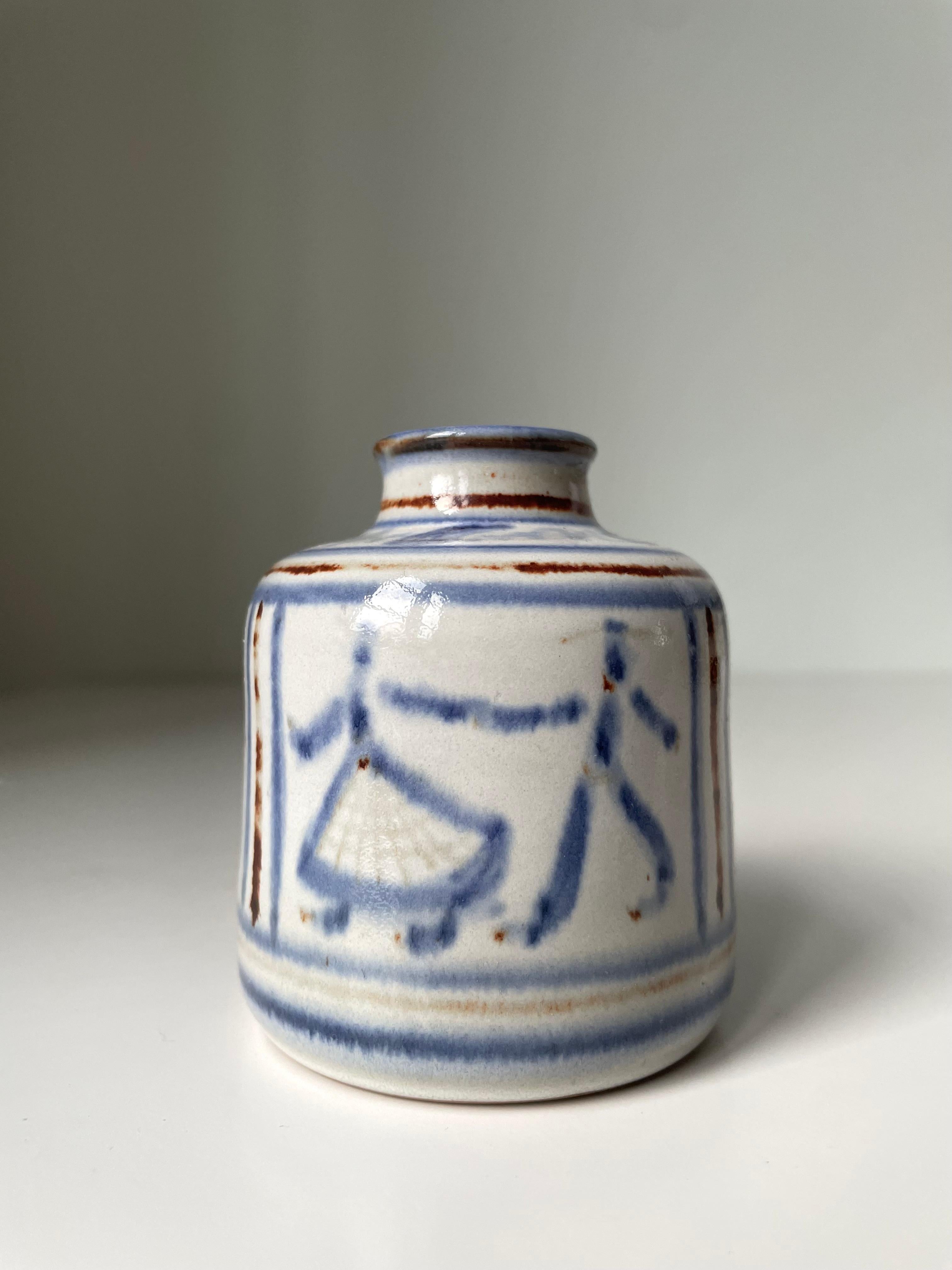 20th Century L. Hjorth Hand-Decorated Blue White Vase, 1950s For Sale