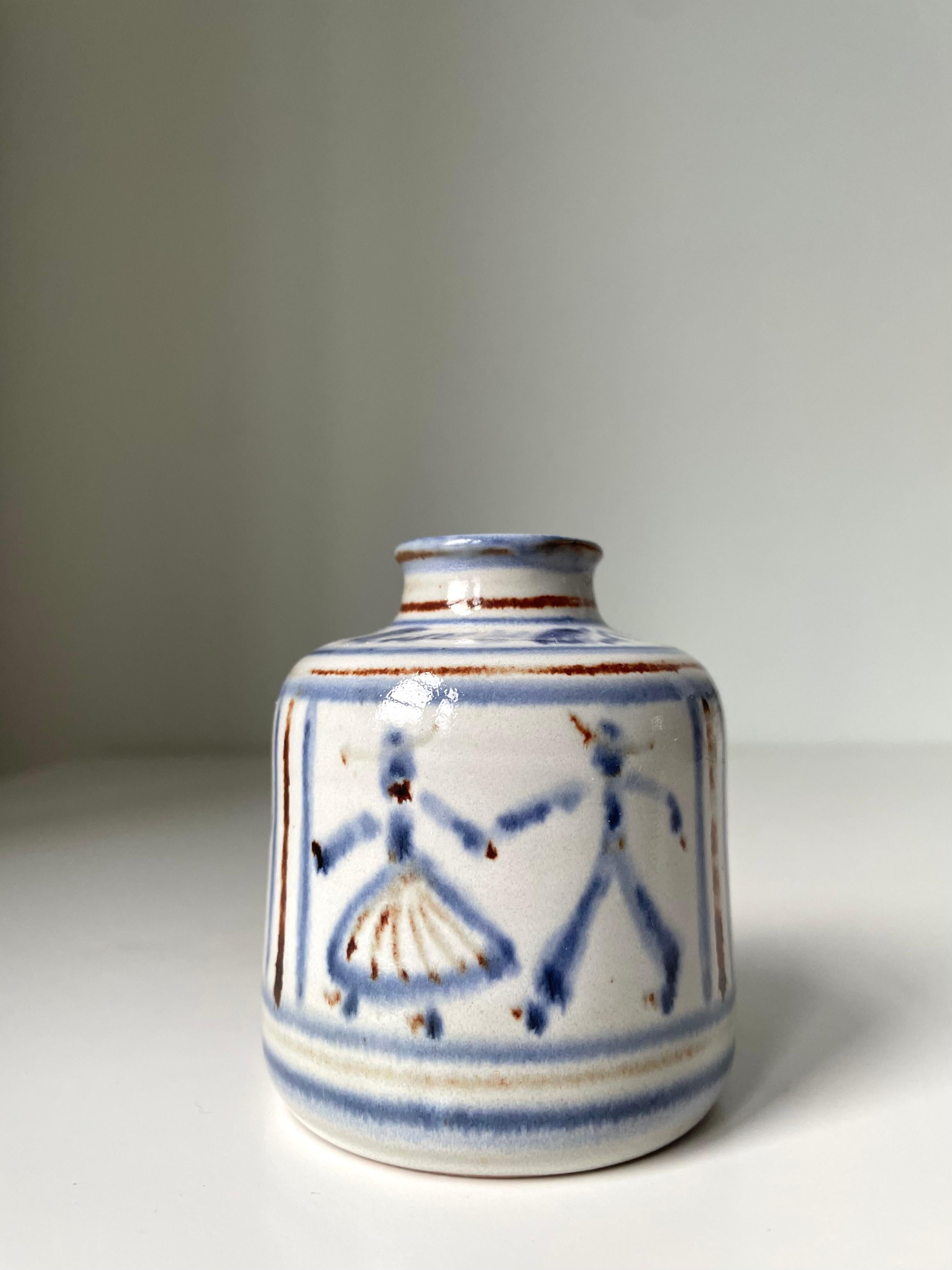 Ceramic L. Hjorth Hand-Decorated Blue White Vase, 1950s For Sale