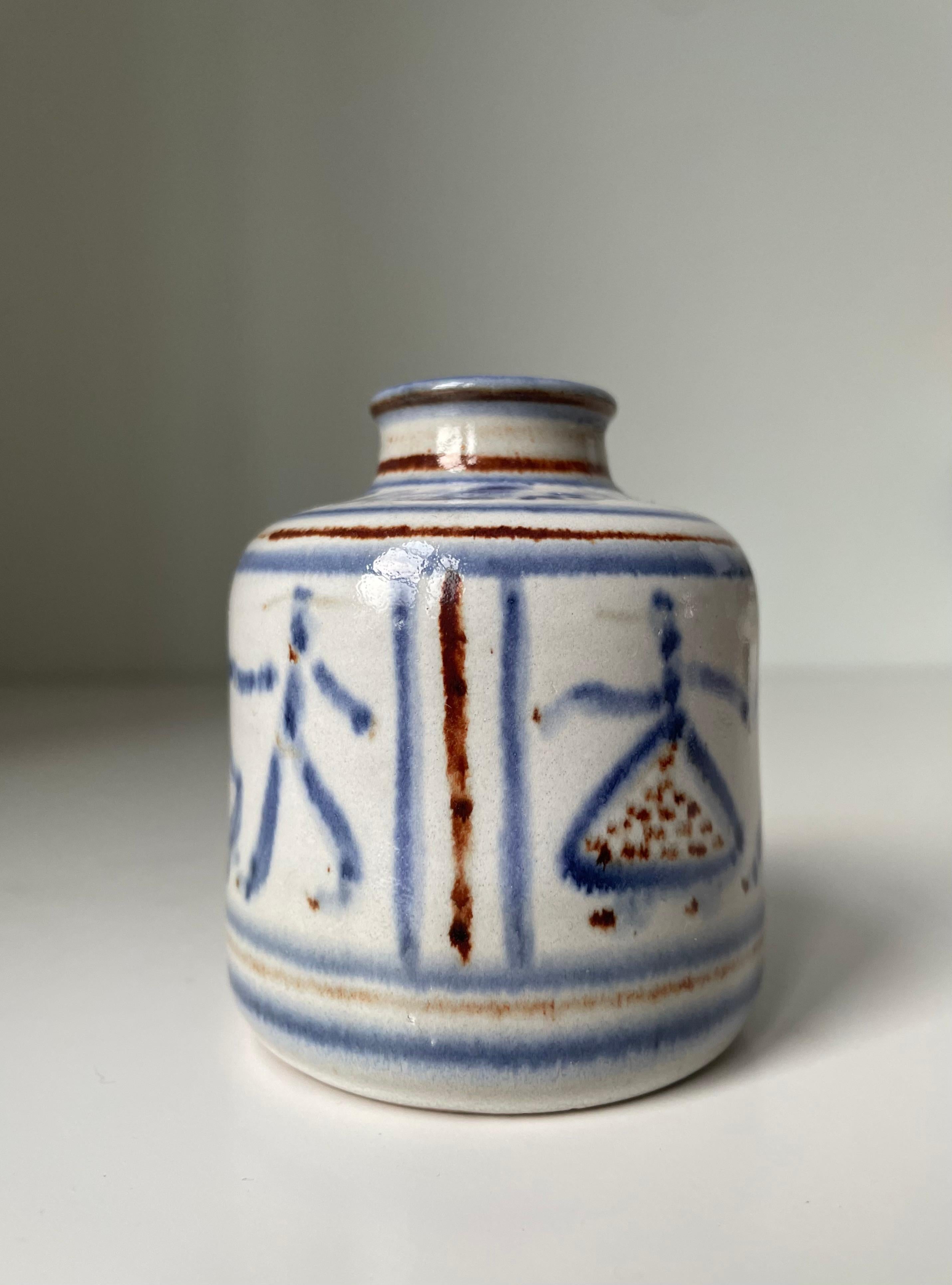L. Hjorth Hand-Decorated Blue White Vase, 1950s For Sale 1
