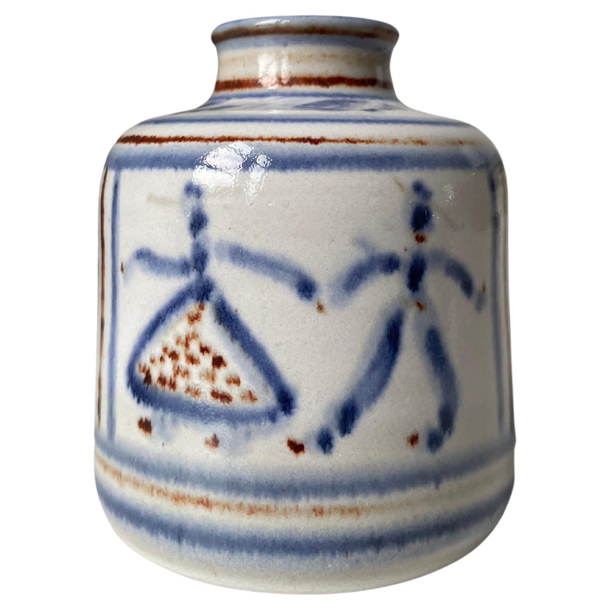 L. Hjorth Hand-Decorated Blue White Vase, 1950s For Sale