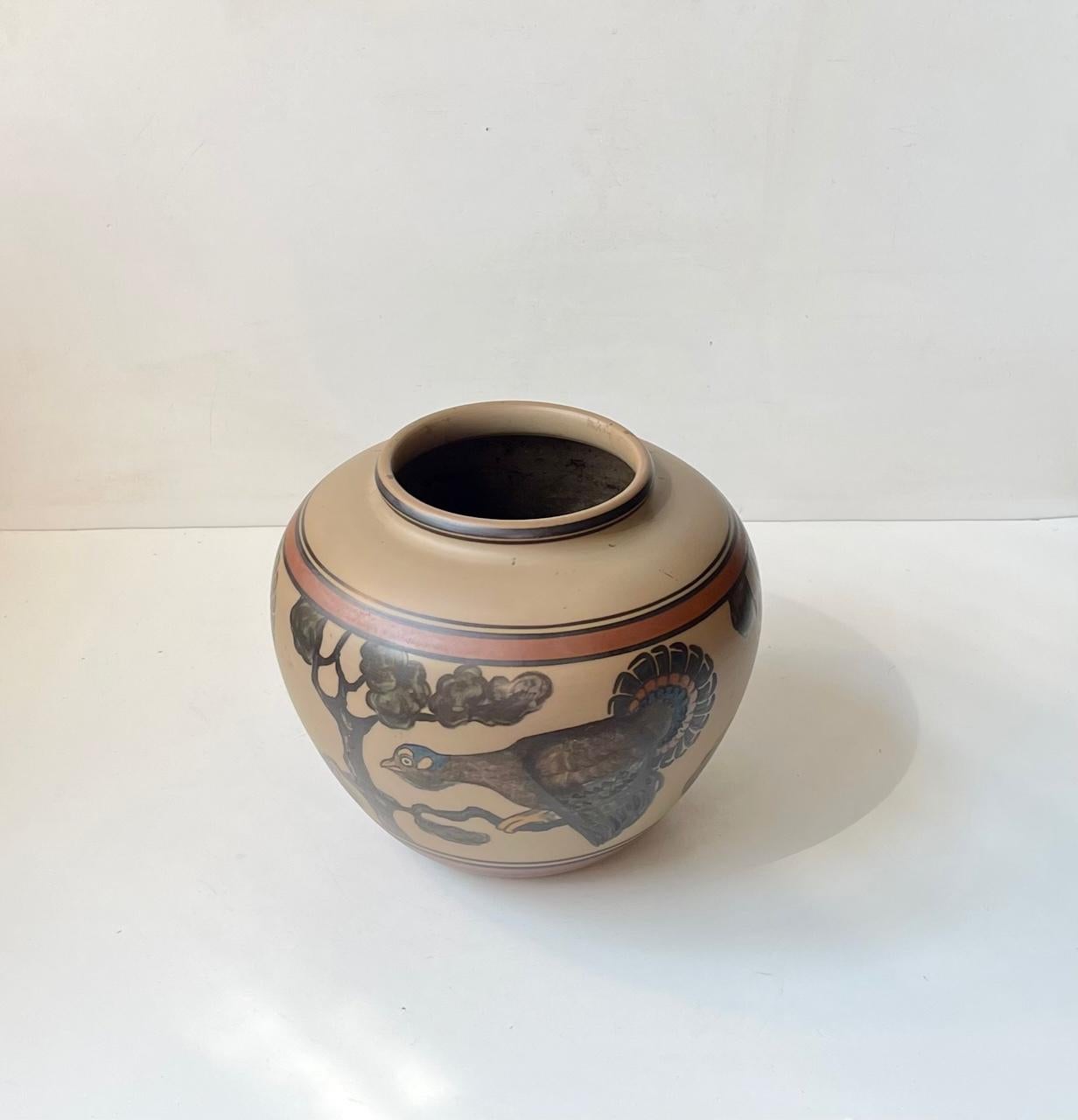Art Deco L. Hjorth Hand-Painted Terracotta Planter with Peacock, 1940s