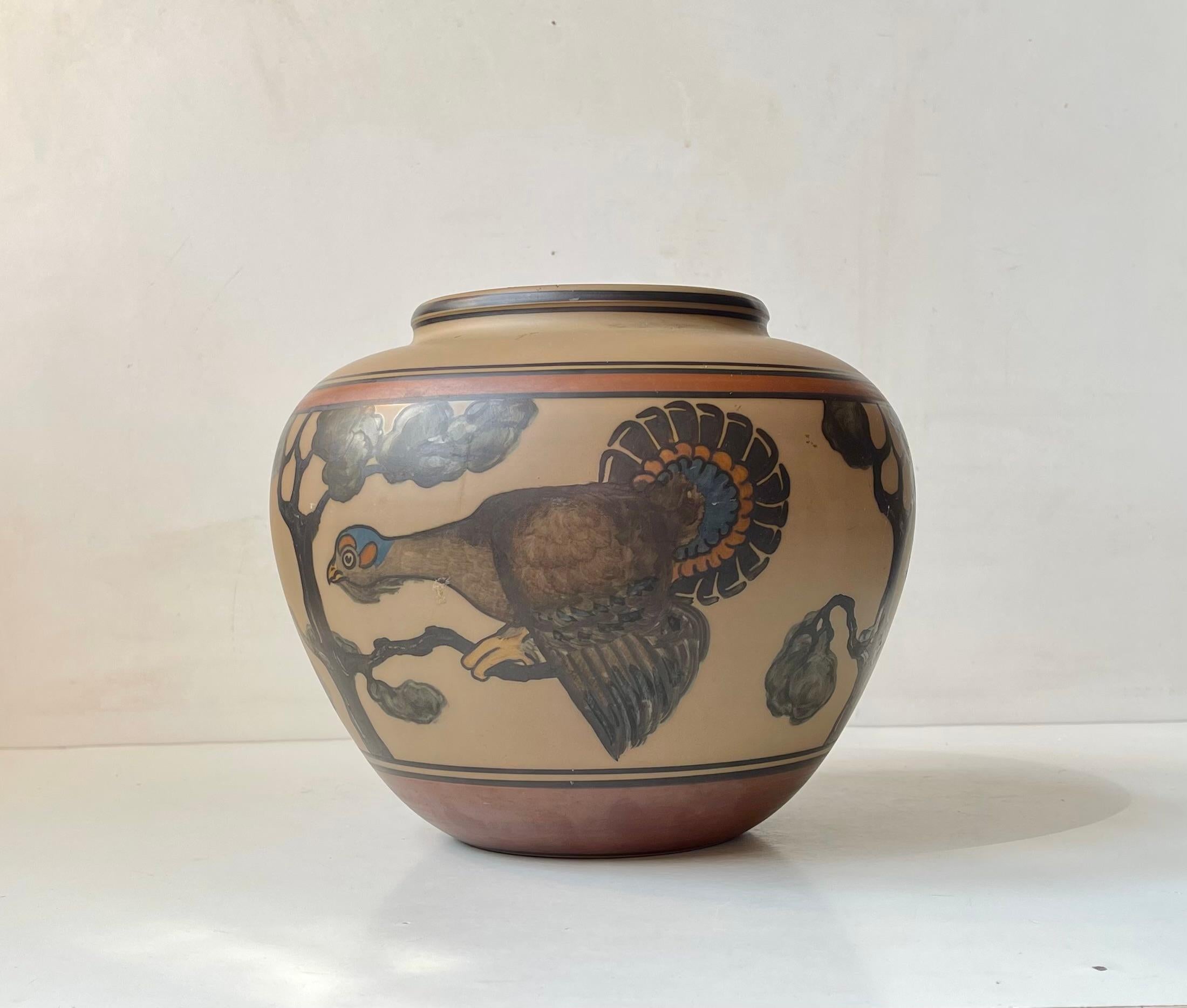 Danish L. Hjorth Hand-Painted Terracotta Planter with Peacock, 1940s For Sale