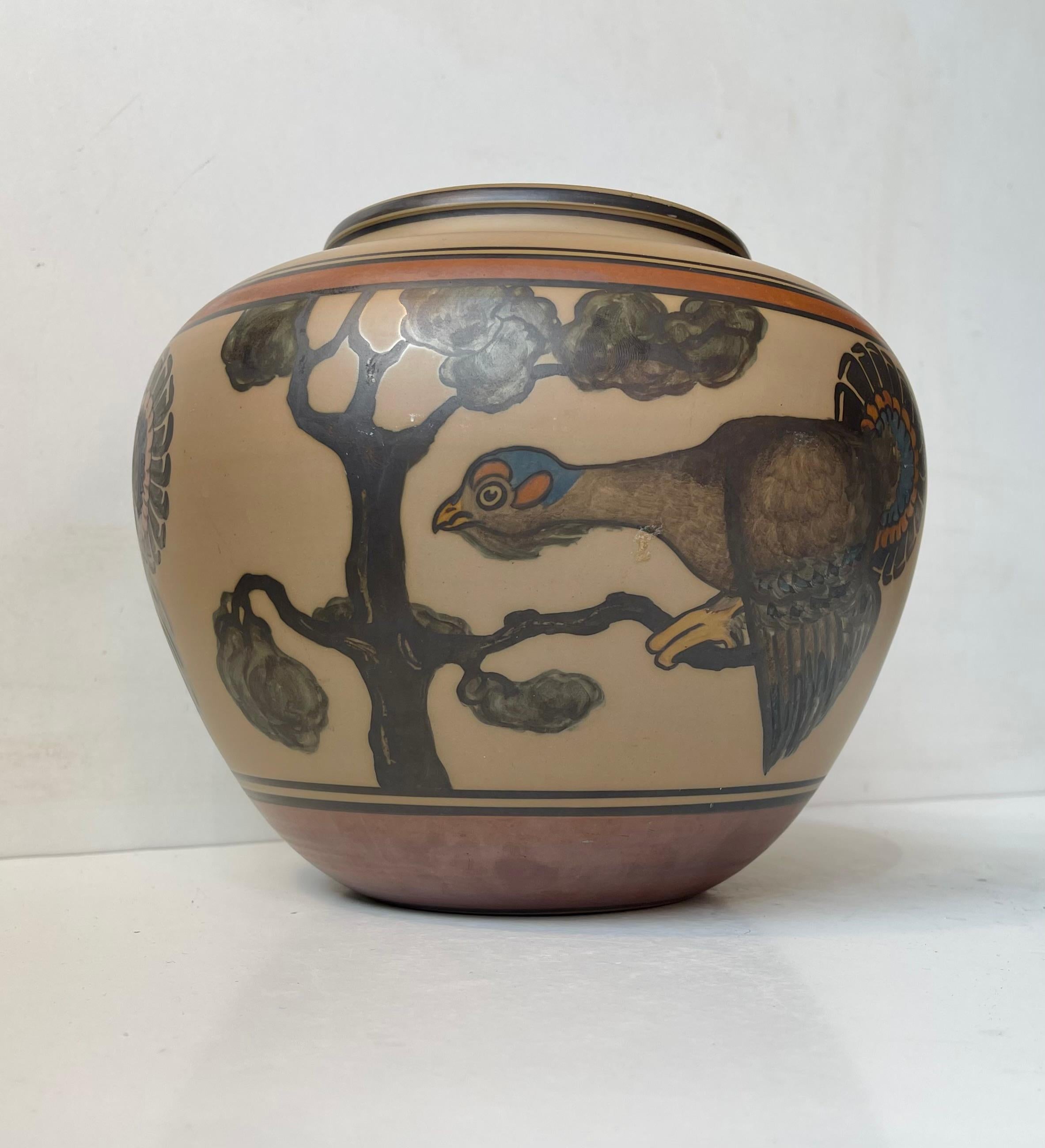 L. Hjorth Hand-Painted Terracotta Planter with Peacock, 1940s In Good Condition For Sale In Esbjerg, DK