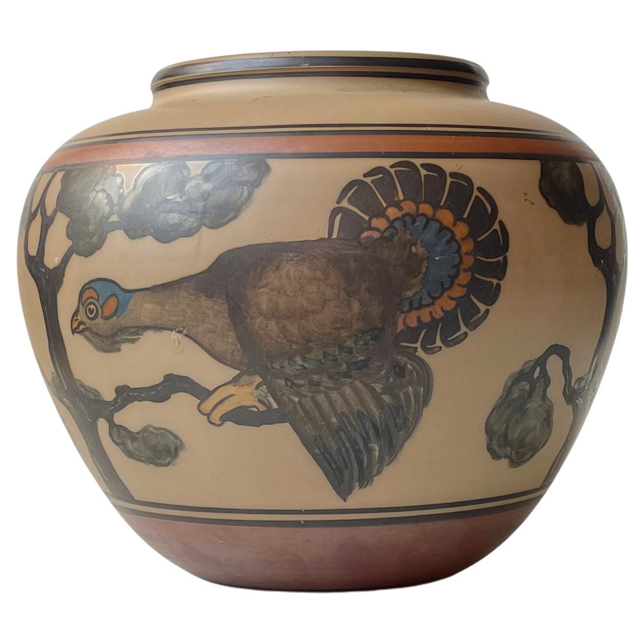 L. Hjorth Hand-Painted Terracotta Planter with Peacock, 1940s For Sale