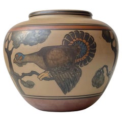 L. Hjorth Hand-Painted Terracotta Planter with Peacock, 1940s