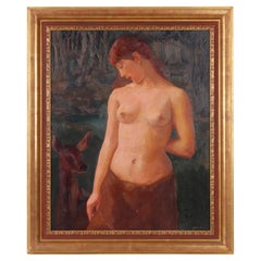 Vintage L. Hock Signed Belgian Oil Painting Nude Woman and Doe