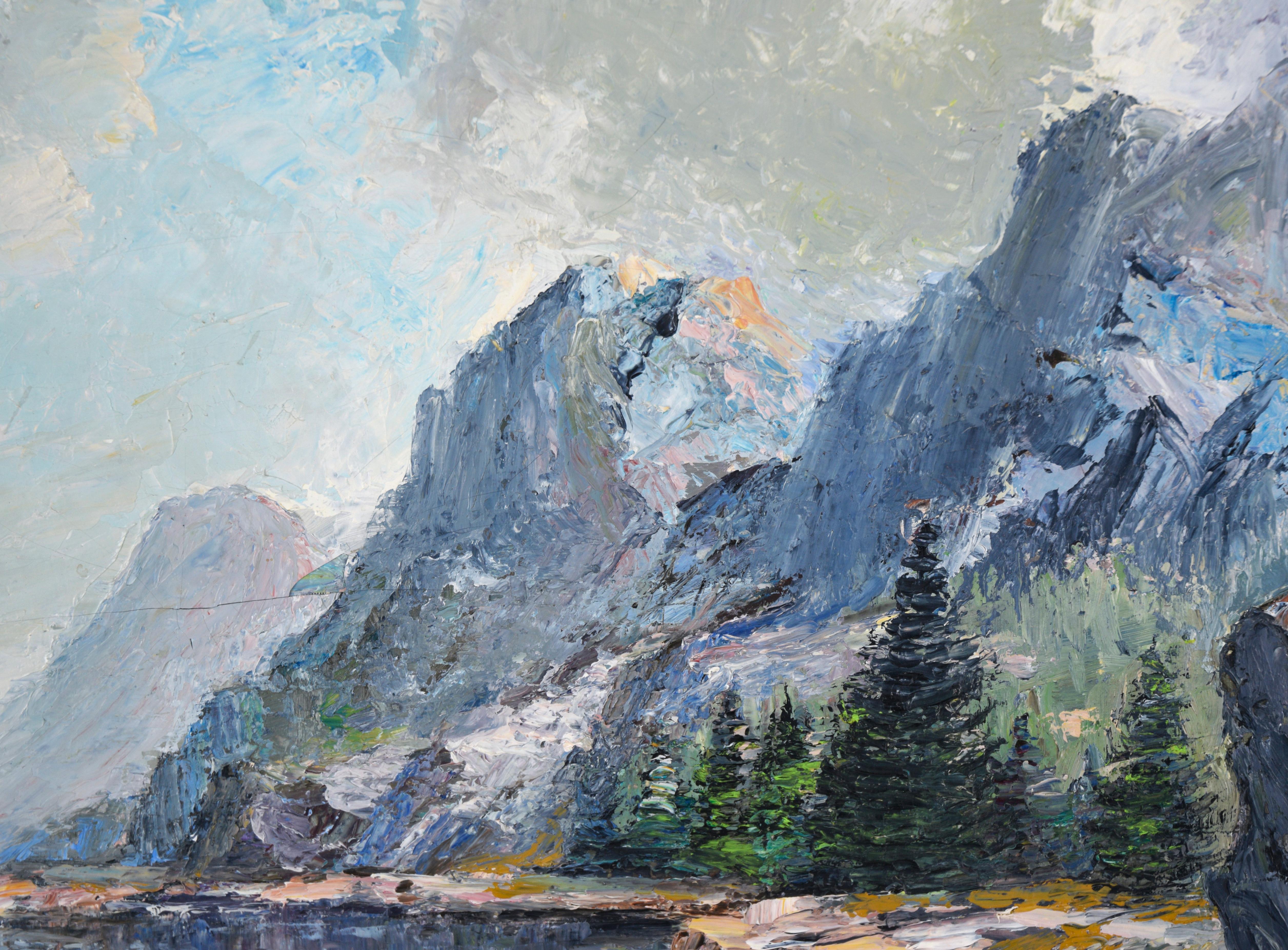 Mountain Lake - Mid Century Modern Landscape with Heavy Impasto in Oil - American Modern Painting by L. Hutchings