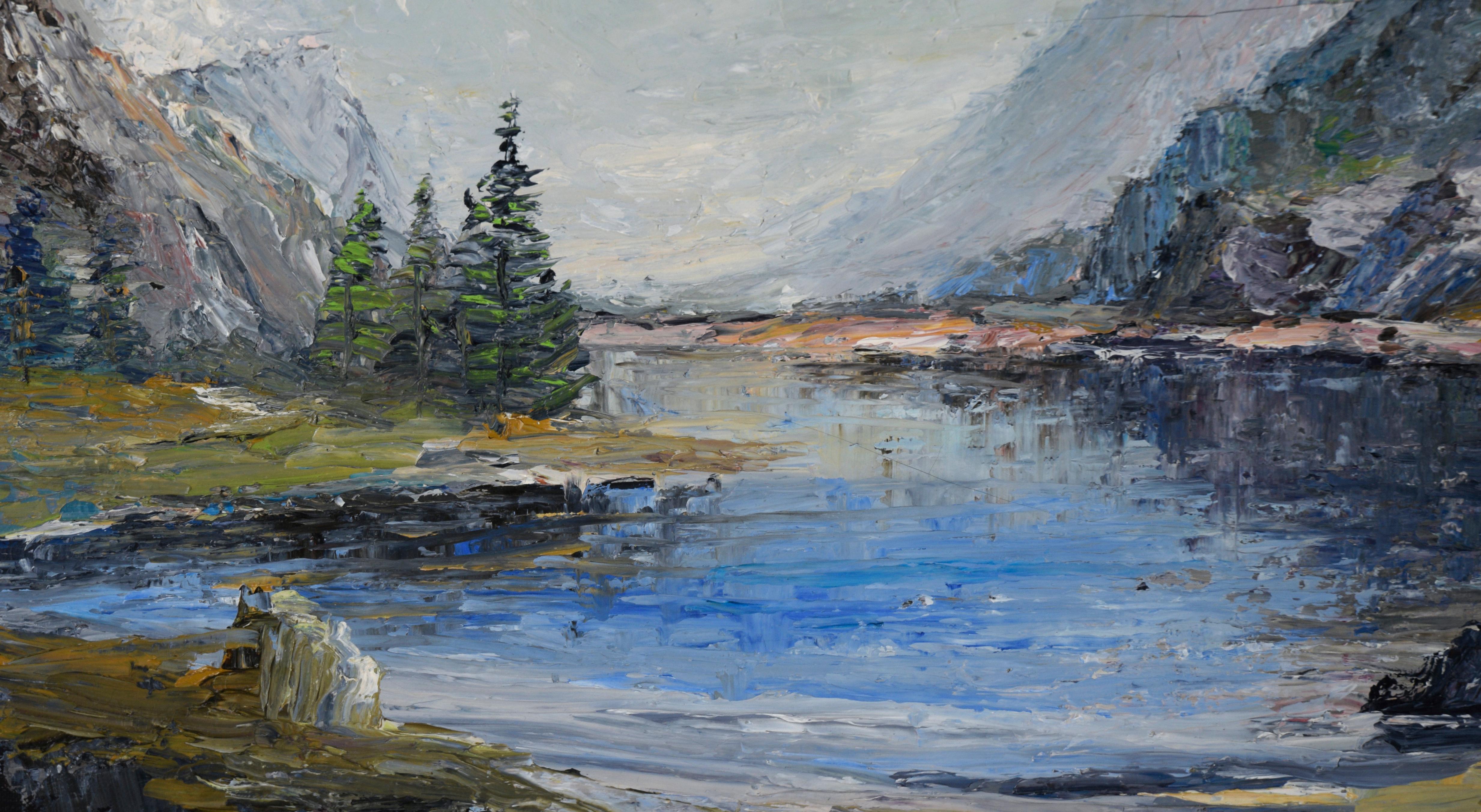 Mountain Lake - Mid Century Modern Landscape with Heavy Impasto in Oil - Gray Landscape Painting by L. Hutchings