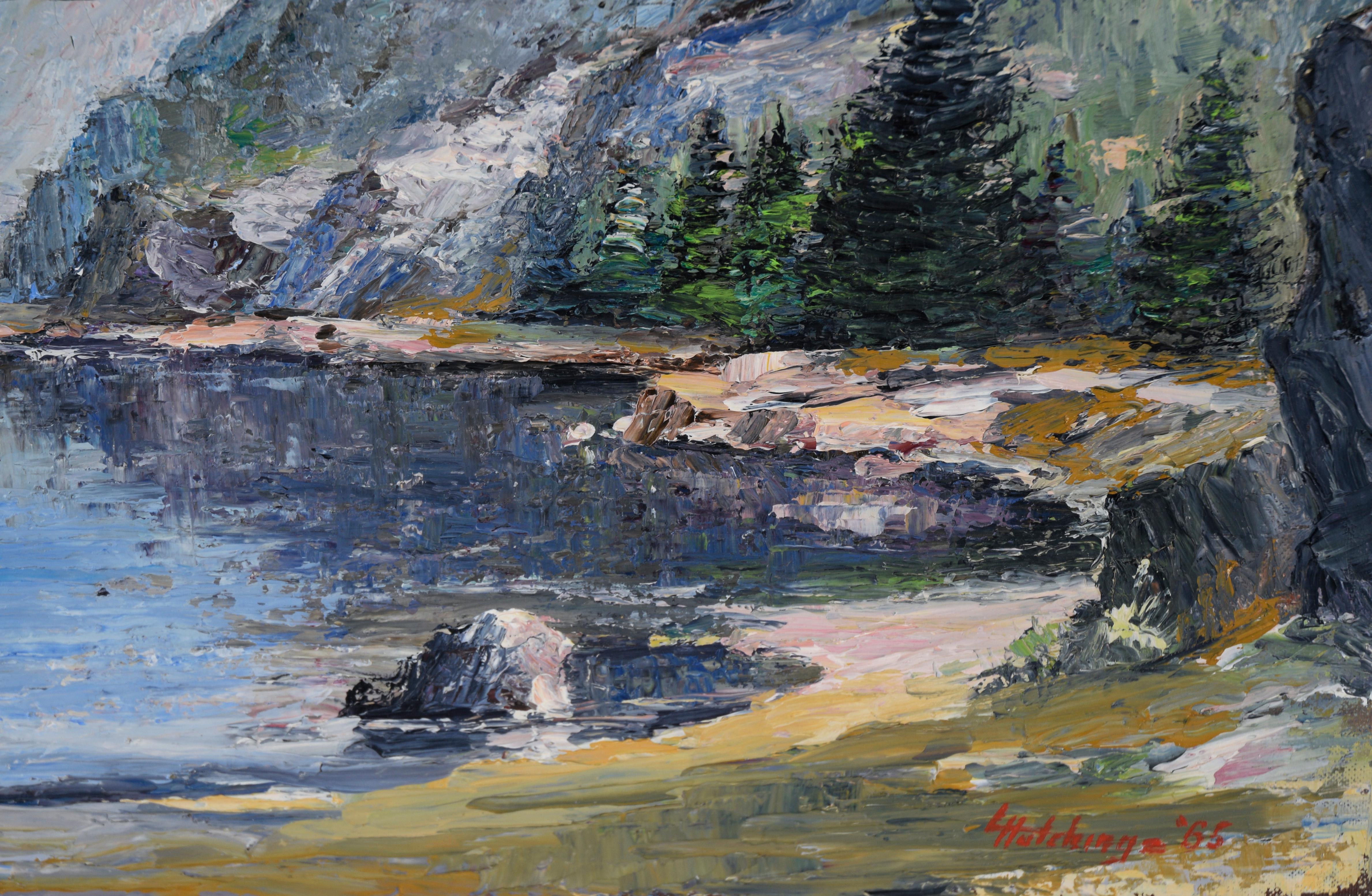 Mountain Lake - Mid Century Modern Landscape with Heavy Impasto in Oil

Idyllic landscape by L. Hutchings (20th Century). Dramatic mountains rise over a blue lake, partially reflected in the water. The lake shore is lined with evergreen trees and