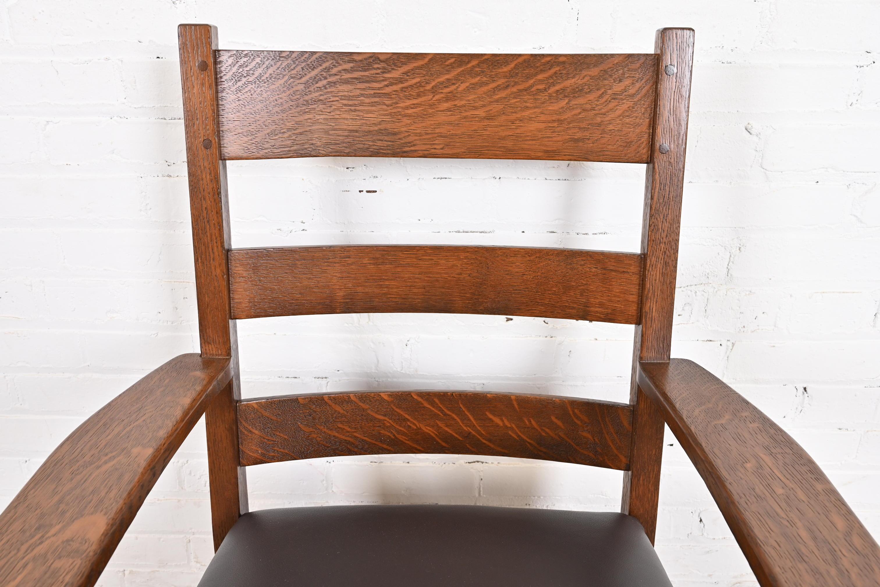 Leather L. & J. G. Stickley Antique Mission Oak Arts & Crafts Armchair, Newly Restored For Sale