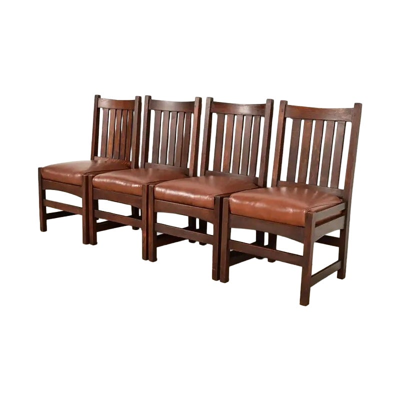 L. & J. G. Stickley Antique Mission Oak Arts & Crafts Dining Chairs, Set of Four