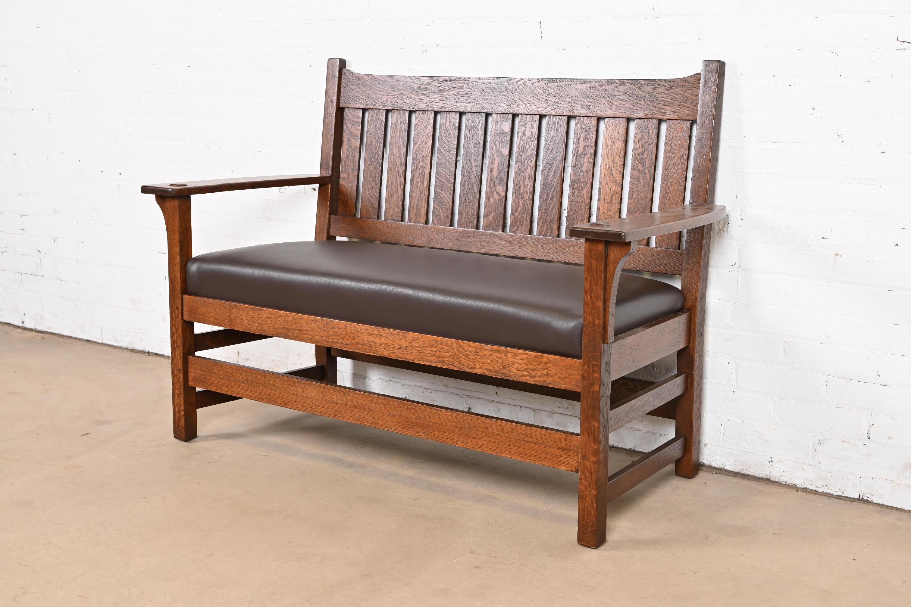 American L. & J. G. Stickley Antique Mission Oak Arts & Crafts Open Arm Settee, Restored