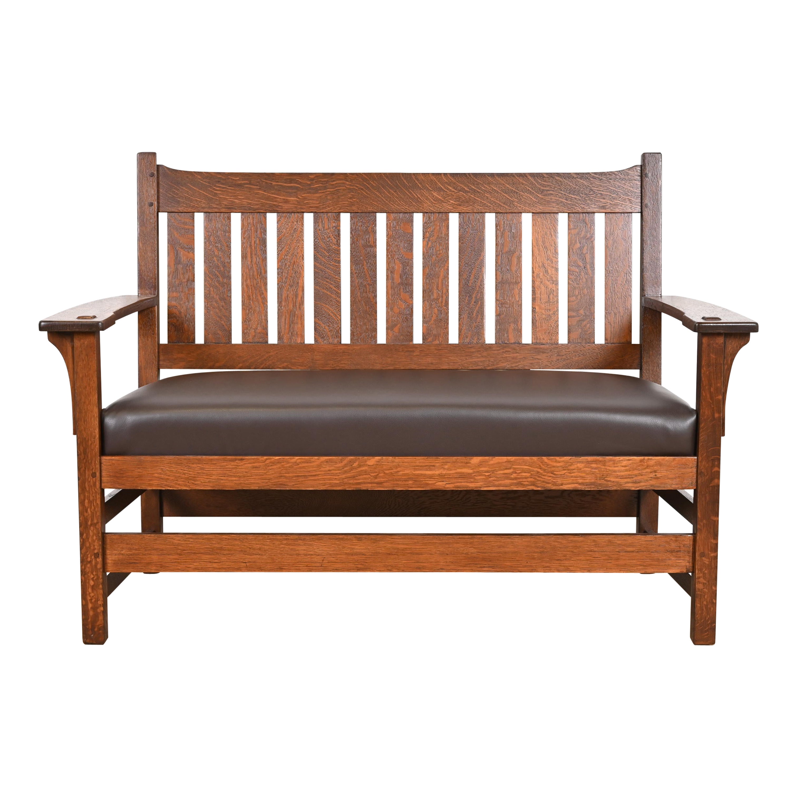 L. & J. G. Stickley Antique Mission Oak Arts & Crafts Open Arm Settee, Restored